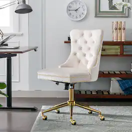Trinkets Crazed - Home Office Chair with Wheels & Silver Base, Velvet Fabric Makeup Vanity Chair with Tufted Back, Swivel Desk Chair - Beige