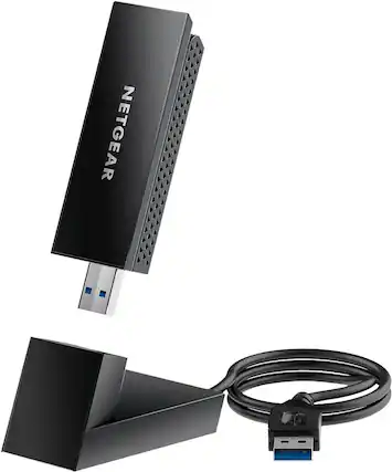 Front. NETGEAR - A8000-100PAR Nighthawk AXE3000 Tri-Band WiFi 6 or 6E USB 3.0 Adapter, Up to 3Gbps - Refurbished Excellent - Black.