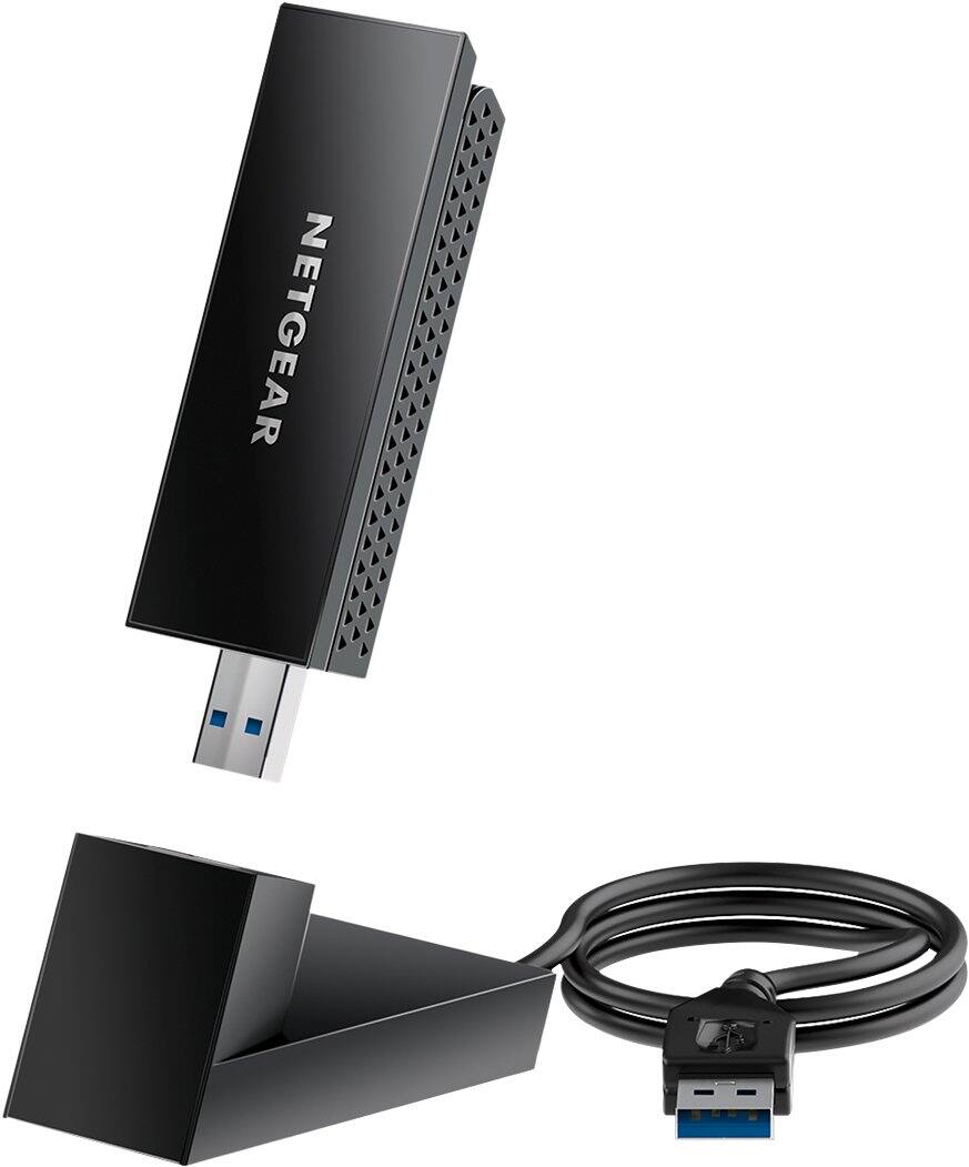 Front. NETGEAR - A8000-100PAR Nighthawk AXE3000 Tri-Band WiFi 6 or 6E USB 3.0 Adapter, Up to 3Gbps - Refurbished Excellent - Black.