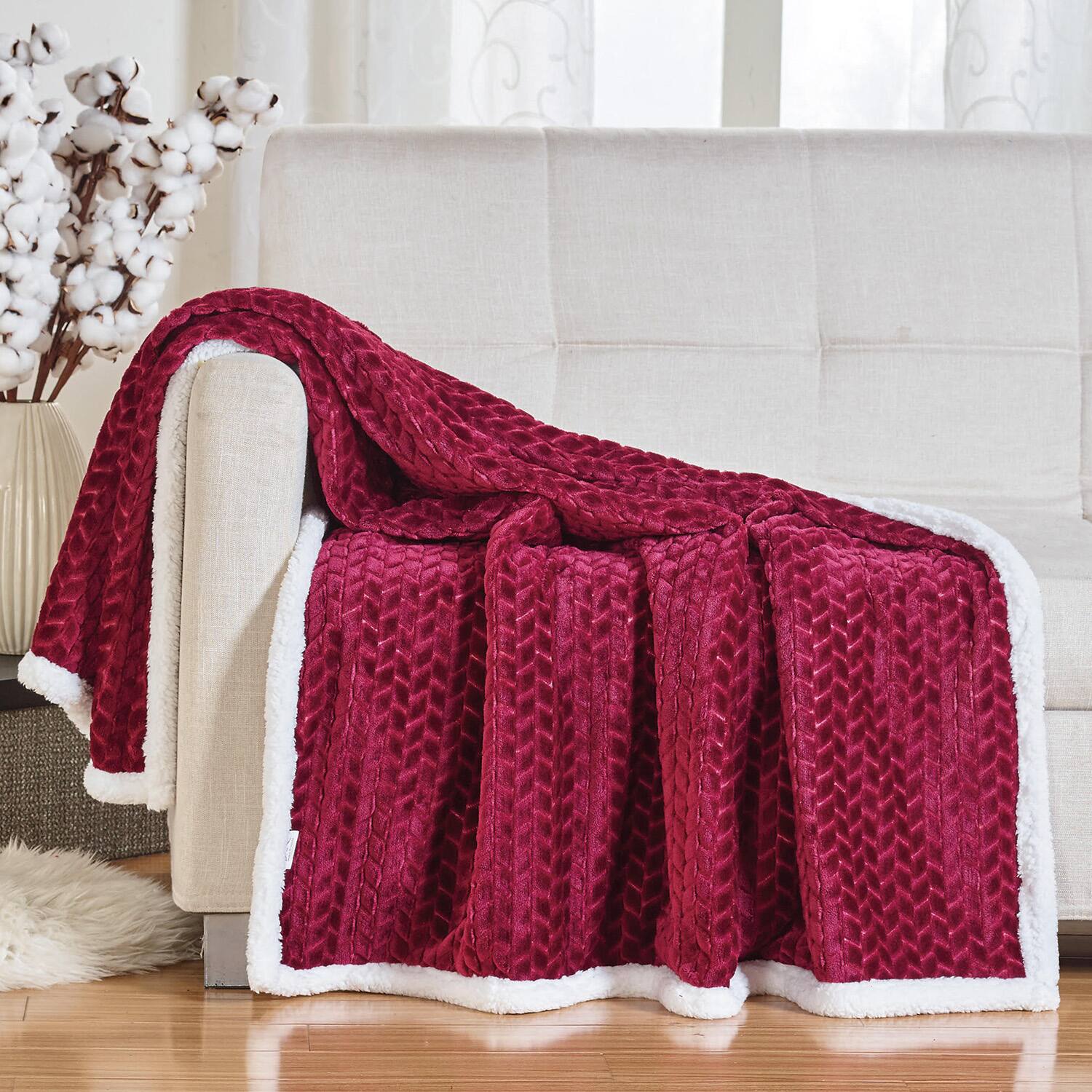 Alt View 2. Noble House - Soft Braided and Comfortable Plush All Season Sherpa 50" X 60" Throw Blanket, Burgundy - Burgundy.