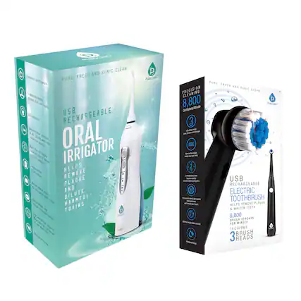 PURE, FRESH AND SONIC CLEAN
USB RECHARGEABLE ORAL IRRIGATOR
HELPS REMOVE PLAQUE AND DILUTE HARMFUL TOXINS
PRECISION CLEANING
8,800 Oscillations/Minute
3 operating modes
Normal, Soft and Pulse
LED indicator
delivers water pressure at 1.2 bar
Water on/off button
Rechargeable battery
Li-ion battery
Includes 3 brush heads
USB RECHARGEABLE ELECTRIC TOOTHBRUSH
HELPS REMOVE PLAQUE & WHITEN TEETH
8,800 BRUSH STROKES PER MINUTE
Includes 3 BRUSH HEADS