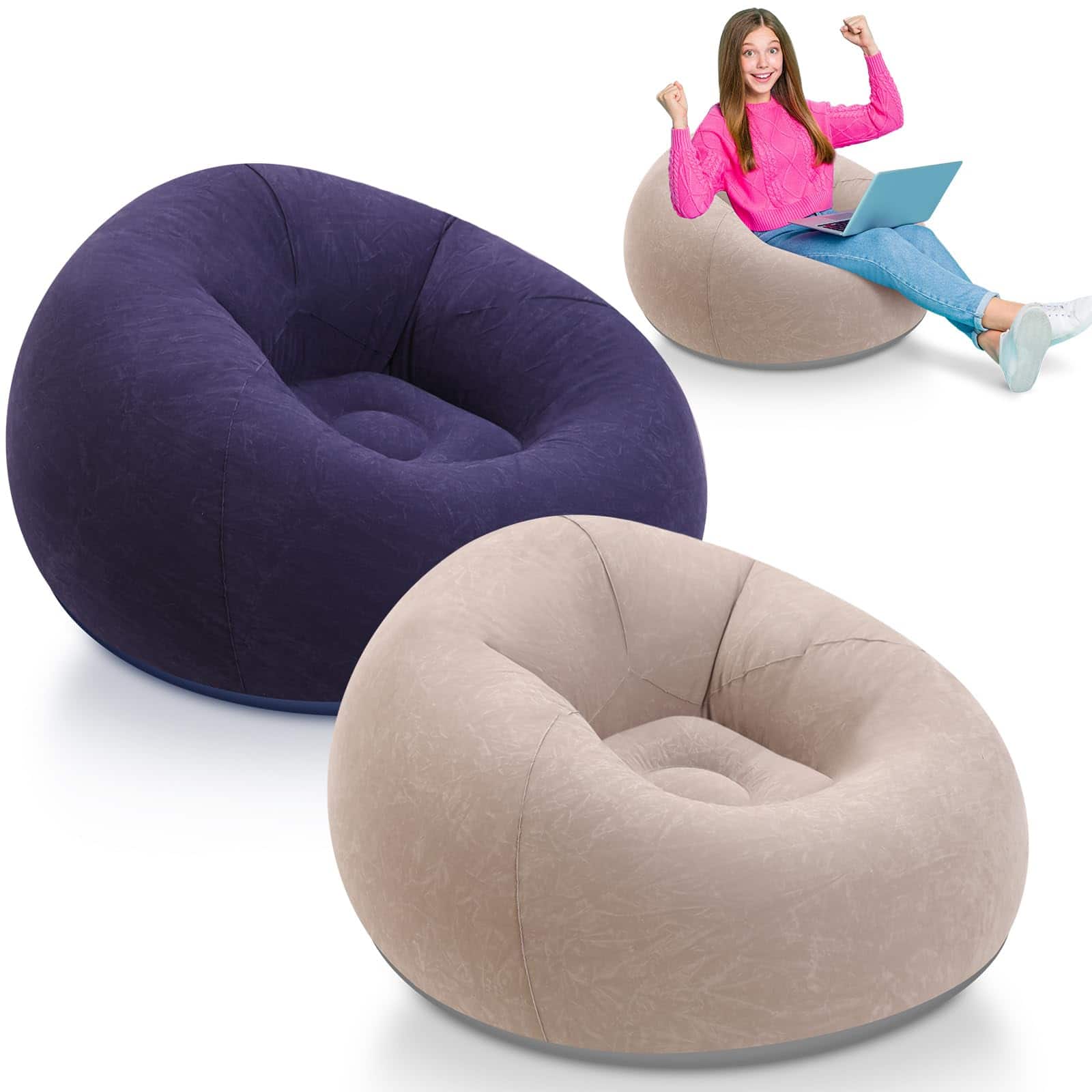 JETRANSPORT - 2 Small Bean Bag Chair Inflatable Blow Up Games Chairs Foldable Flocking Sofa Portable For Living Room - Brown,blue
