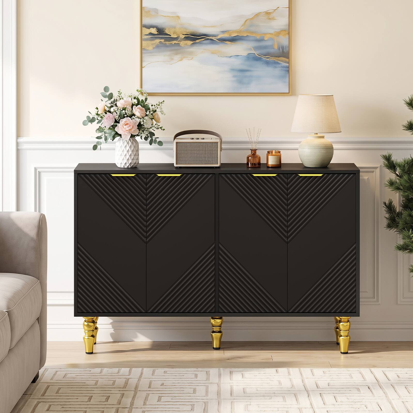 Alt View 3. Costway - Costway 47" Sideboard Buffet Cabinet Coffee Bar Storage with 4 Chevron Fluted Doors - Black.