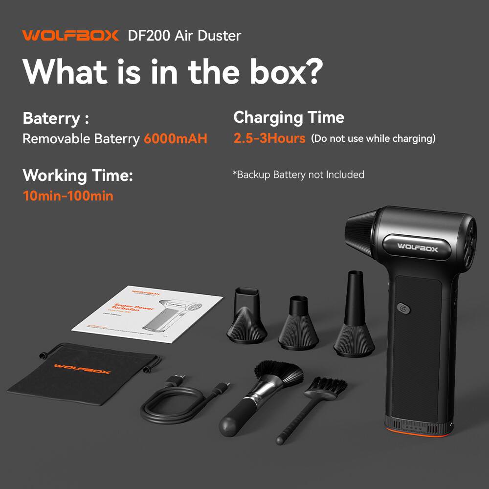 WOLFBOX DF200 Air Duster  
What is in the box?  

Battery:  
- Removable Battery 6000mAH  
- Charging Time: 2.5-3 Hours (Do not use while charging)  

Working Time:  
- 10min-100min  

*Backup Battery not Included  

WOLFBOX  
Turbefan Super Power  
WOLFBOX