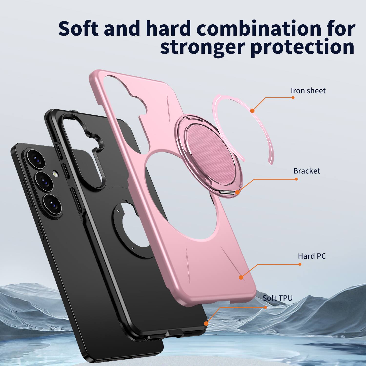 Soft and hard combination for stronger protection

Iron sheet
Bracket
Hard PC
Soft TPU