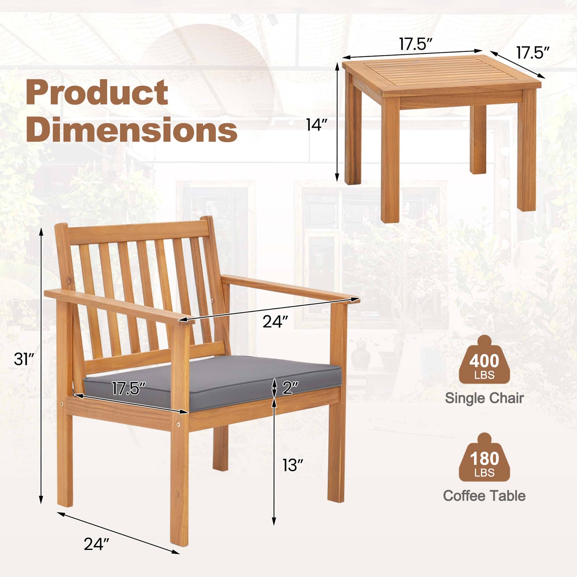 Product Dimensions: 14" x 17.5" x 17.5" x 24" x 31" x 17.5" x 2" x 400 LBS Single Chair. 13" x 180 LBS Coffee Table.