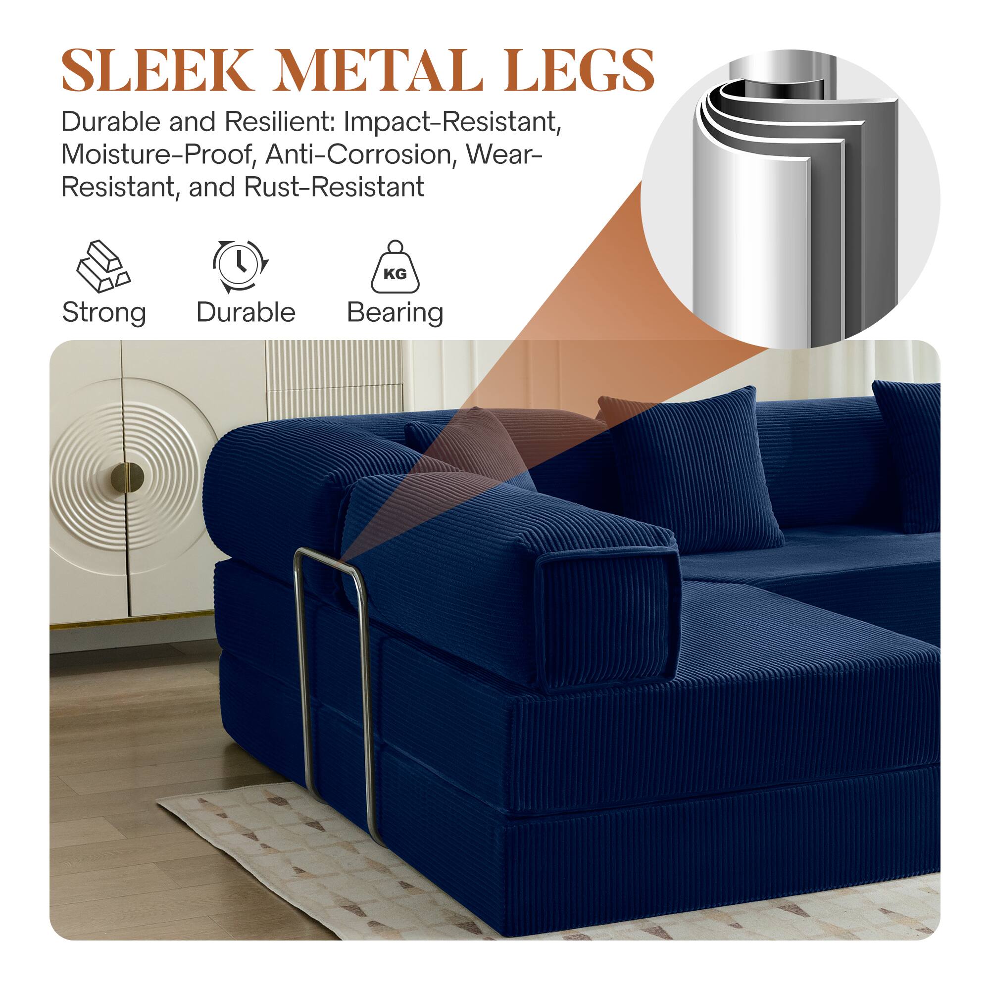 SLEEK METAL LEGS

Durable and Resilient: Impact-Resistant, Moisture-Proof, Anti-Corrosion, Wear-Resistant, and Rust-Resistant

Strong Durable Bearing