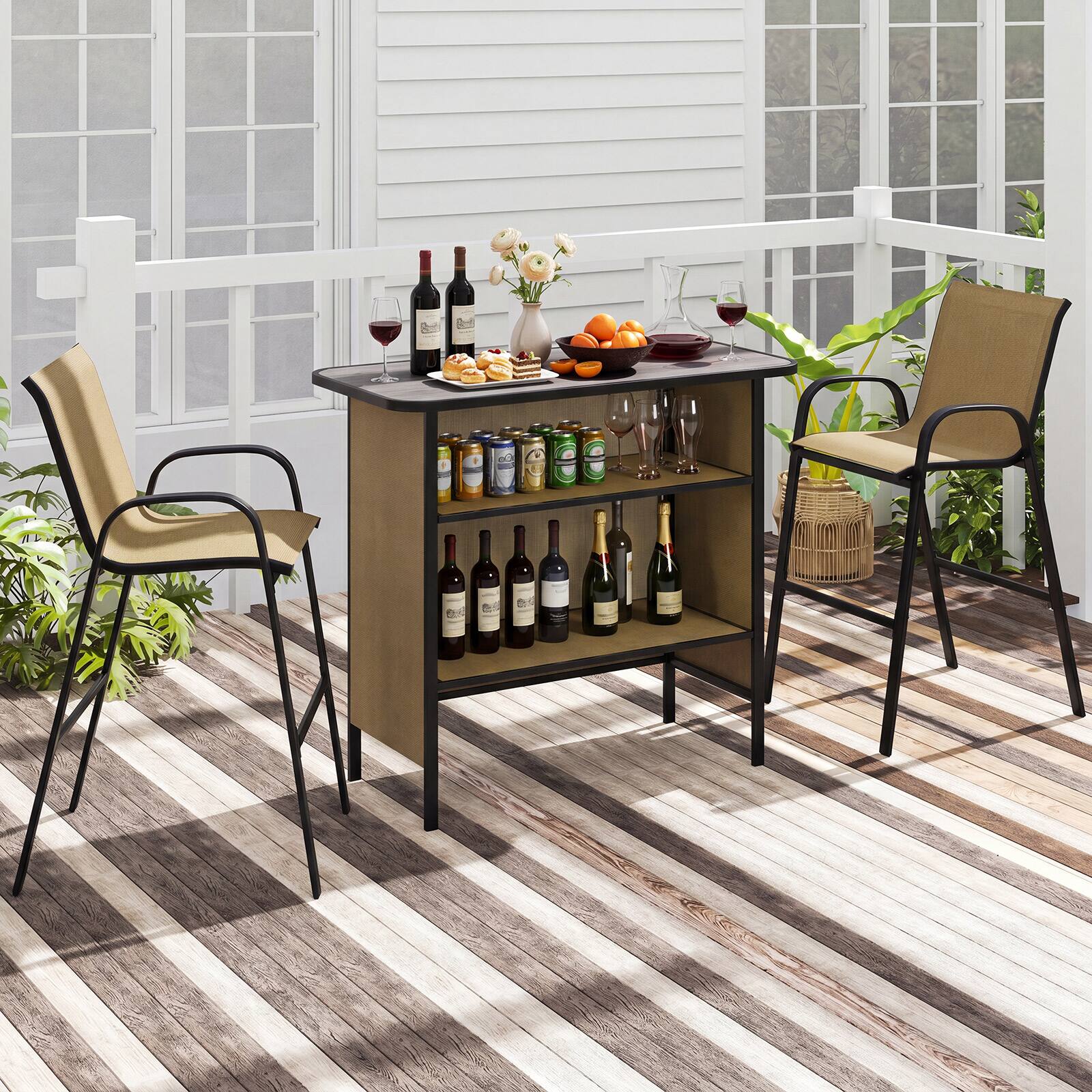 Costway - 3 PCS Outdoor Bar Set Bar Height Table & Armchairs with Footrest 2-Tier Shelf - Brown