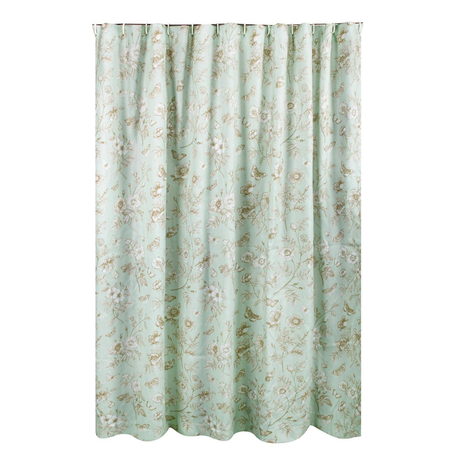 Front. Greenland Home Fashions - Greenland Home Fashions Olivia Floral and Butterfly Print 12 Buttonholes Bath Shower Curtain 72" x 72" Mint - Mint.