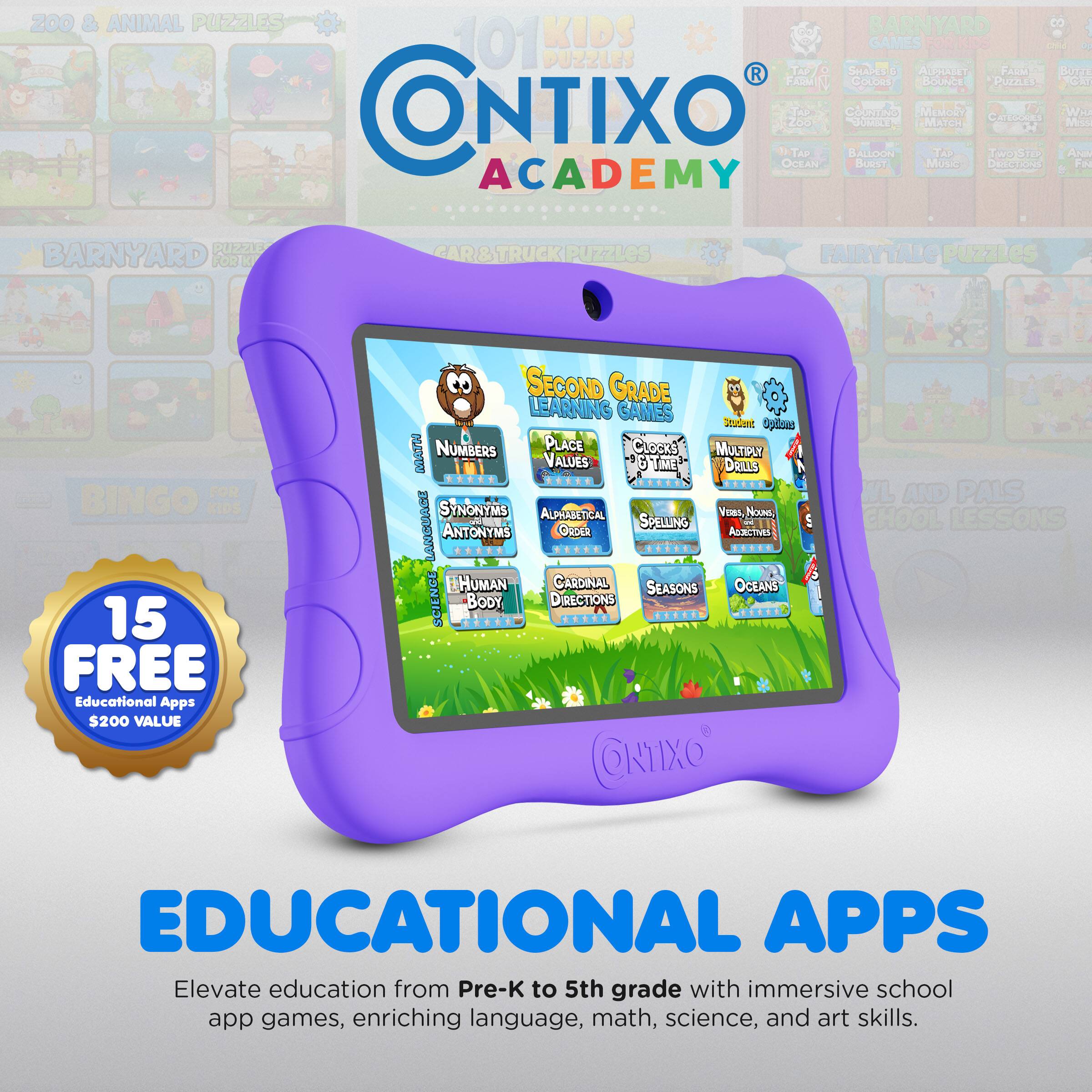 Sure, here is the corrected and grouped text from the image:

---

**Zoo & Animal Puzzles**

**Barnyard Puzzles**

**Car & Truck Puzzles**

**101 Kids Games**

**Contixo Academy**

**15 Free Educational Apps $200 Value**

**Second Grade Learning Games**

**Numbers Place Values**

**Alphabetical Order**

**Spelling**

**Synonyms Antonyms**

**Cardinal Directions**

**Seasons**

**Oceans**

**Human Body**

**Bingo**

**Fairytales Puzzles**

**Educational Apps**

**Elevate education from Pre-K to 5th grade with immersive school app games, enriching language, math, science, and art skills.**

---

This text is organized to reflect the categories and features of the educational apps and games offered by Contixo Academy.