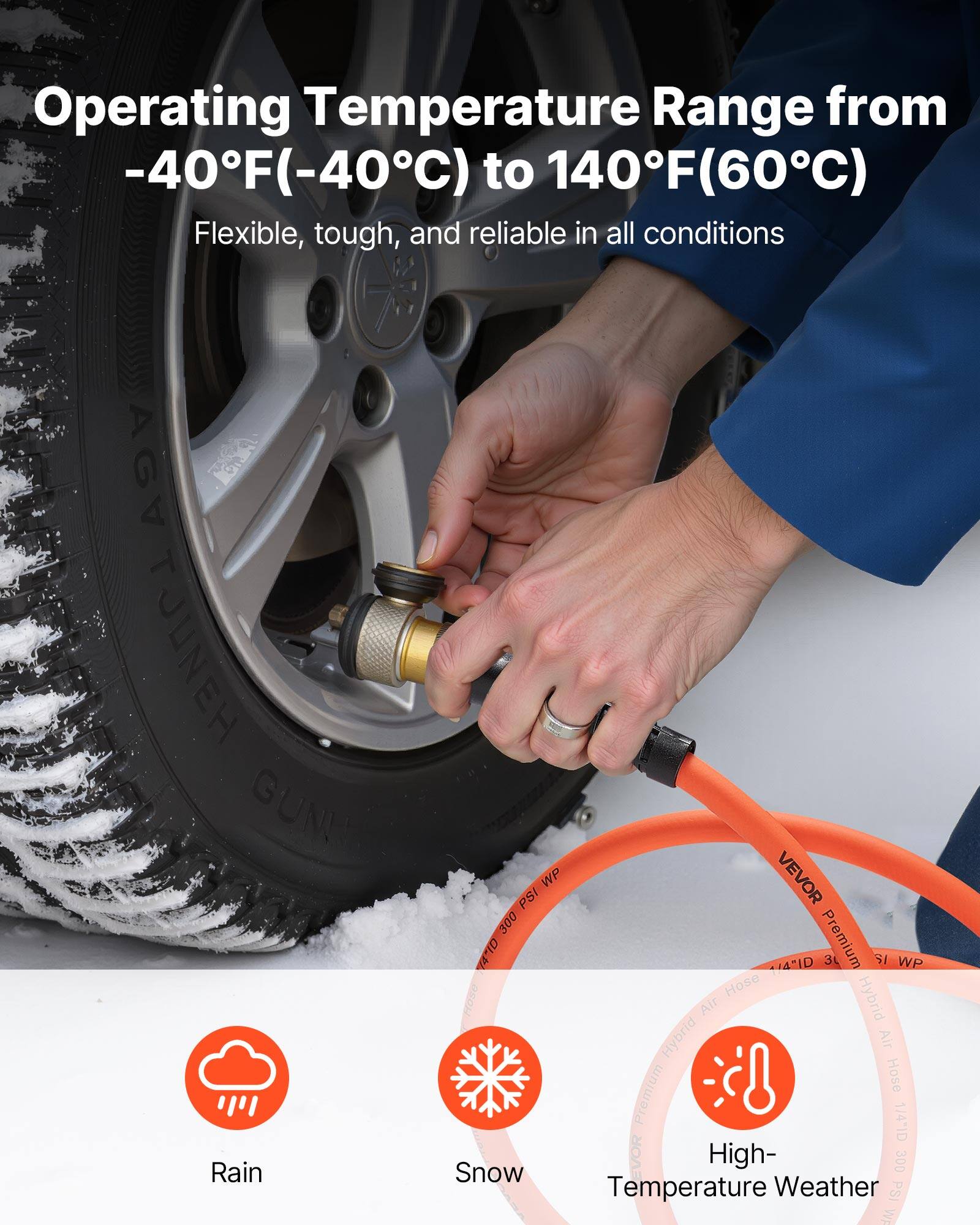 Operating Temperature Range from -40°F(-40°C) to 140°F(60°C)

Flexible, tough, and reliable in all conditions

AGV TOUNEH GUNO

VEVOR PSI 300 OL Ad HAID Premium 3 54 WP Hose M0SO Air Hybrid Hybrid Air Hose Premium 1/4"ID EVOR High- 300 Snow Temperature Weather PSI WA

Rain Snow High-Temperature Weather