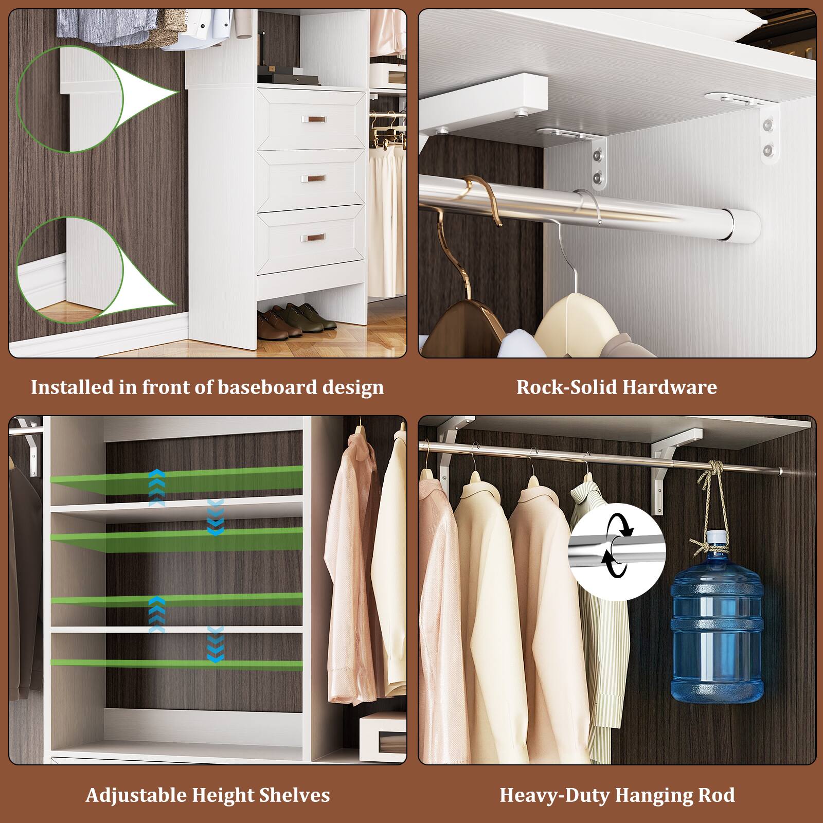- Installed in front of baseboard design
- Rock-Solid Hardware
- Adjustable Height Shelves
- Heavy-Duty Hanging Rod