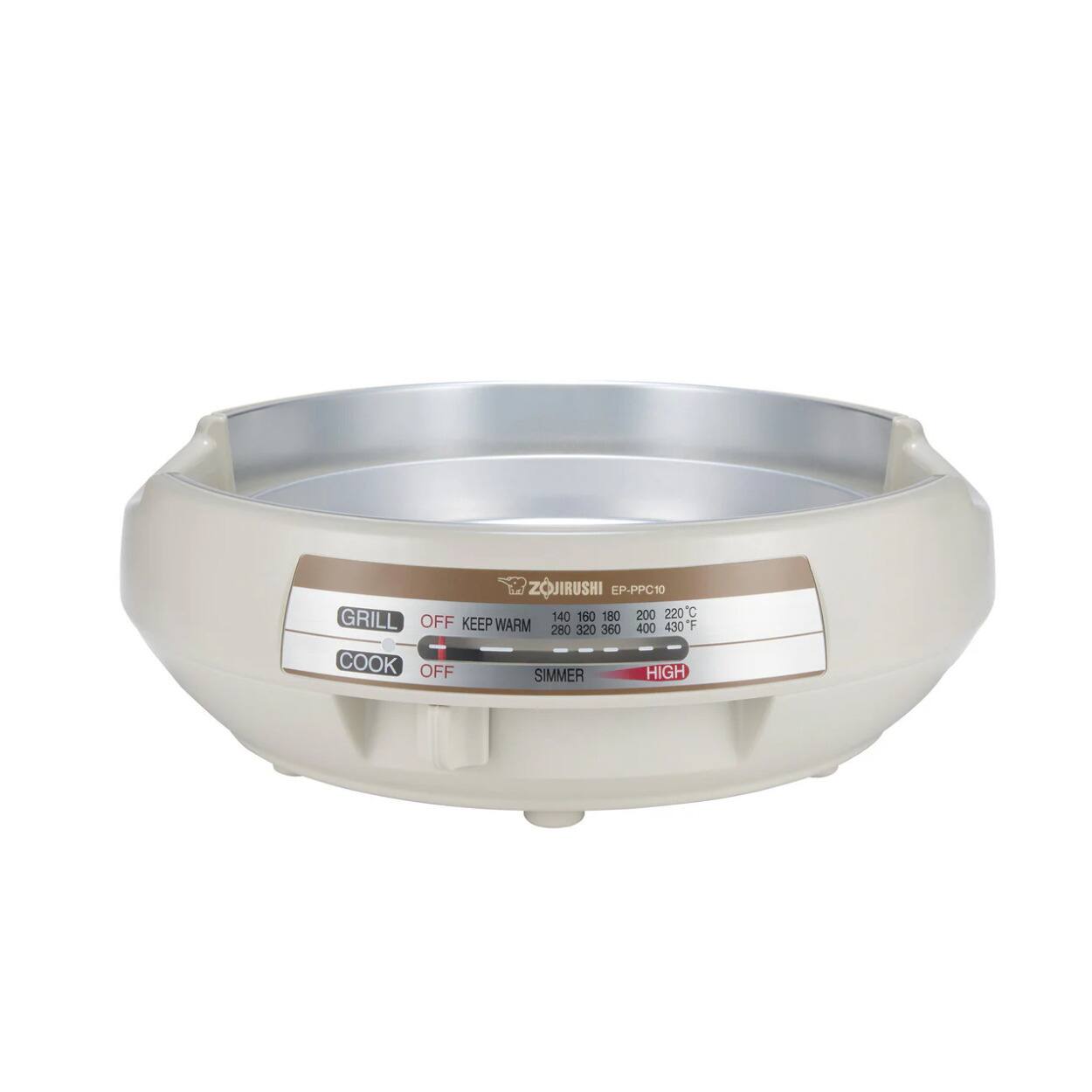 Sure, here is the corrected and grouped text from the image:

**ZOJIRUSHI EP-PPC10**

- **GRILL**
  - OFF
  - KEEP WARM

- **COOK**
  - OFF
  - SIMMER
  - HIGH

- **Temperature Settings:**
  - 140 150 180 200 220°C
  - 280 320 360 400 430°F