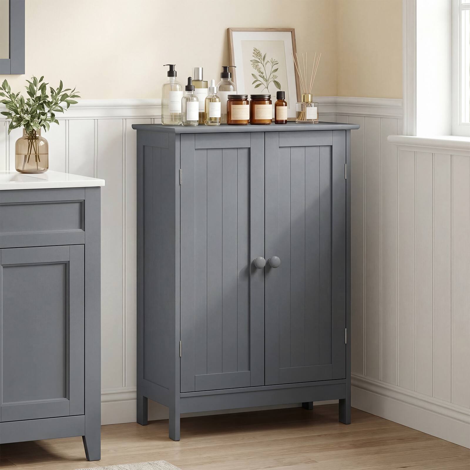 Alt View 1. Costway - Costway Bathroom Floor Cabinet Wooden Floor Storage Cabinet Living Room Modern - Gray.