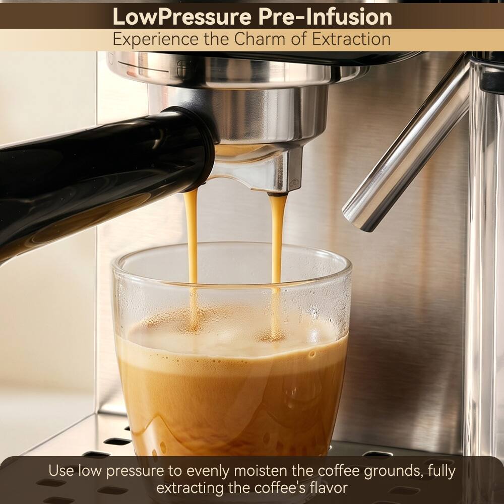 LowPressure Pre-Infusion  
Experience the Charm of Extraction  

Use low pressure to evenly moisten the coffee grounds, fully extracting the coffee's flavor