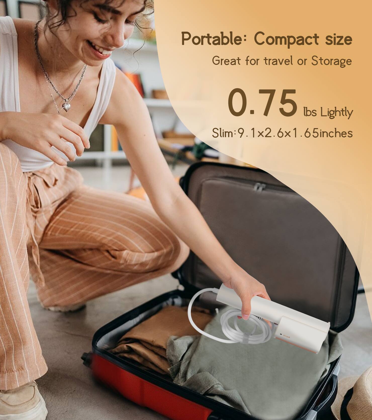 Portable: Compact size  
Great for travel or Storage  

0.75 lbs Lightly  

Slim: 9.1x2.6x1.65 inches