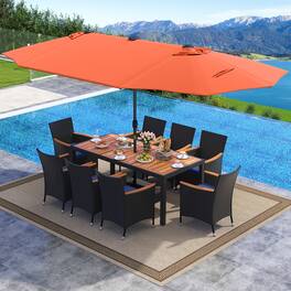 Gymax - 11 PCS Patio Dining Set w/ 15ft Double-Sided Patio Umbrella (Base Included) - Orange