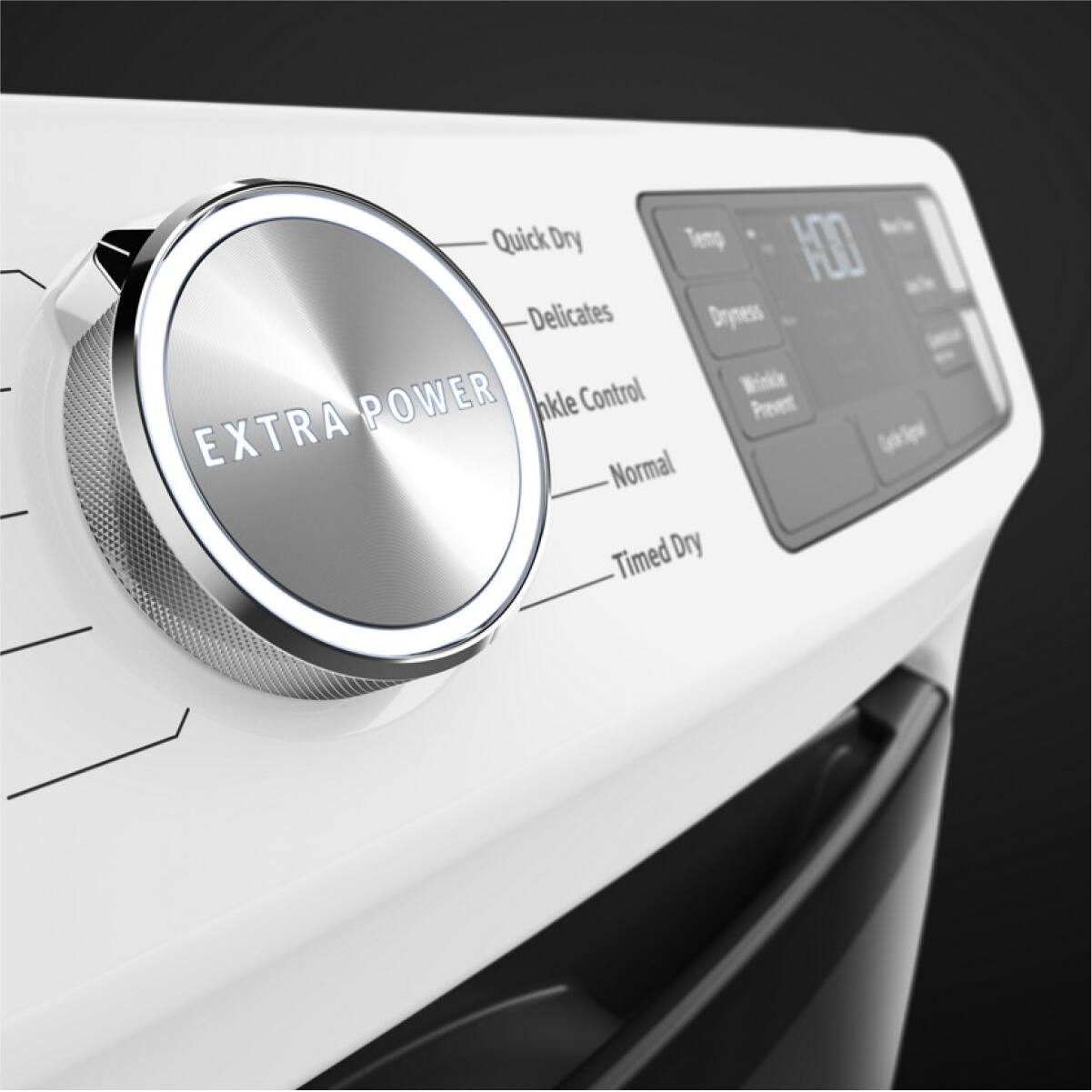 Quick Dry  
Delicates  
Wrinkle Control  
Normal  
Timed Dry  

EXTRA POWER  

Temp: 400  
Dryness  
Wrinkle Prevent  
Start/Stop