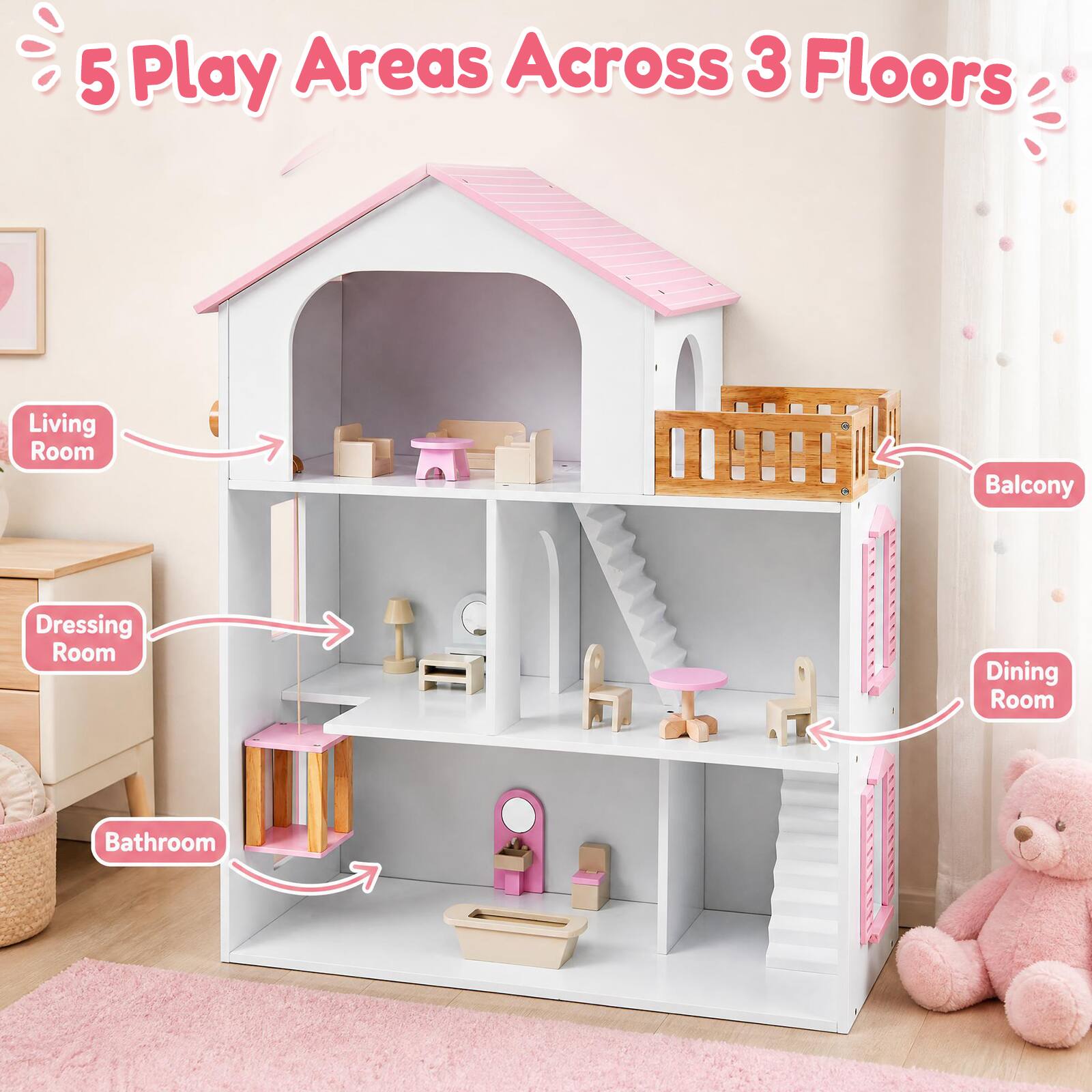 5 Play Areas Across 3 Floors

Living Room
Balcony
Dressing Room
Dining Room
Bathroom