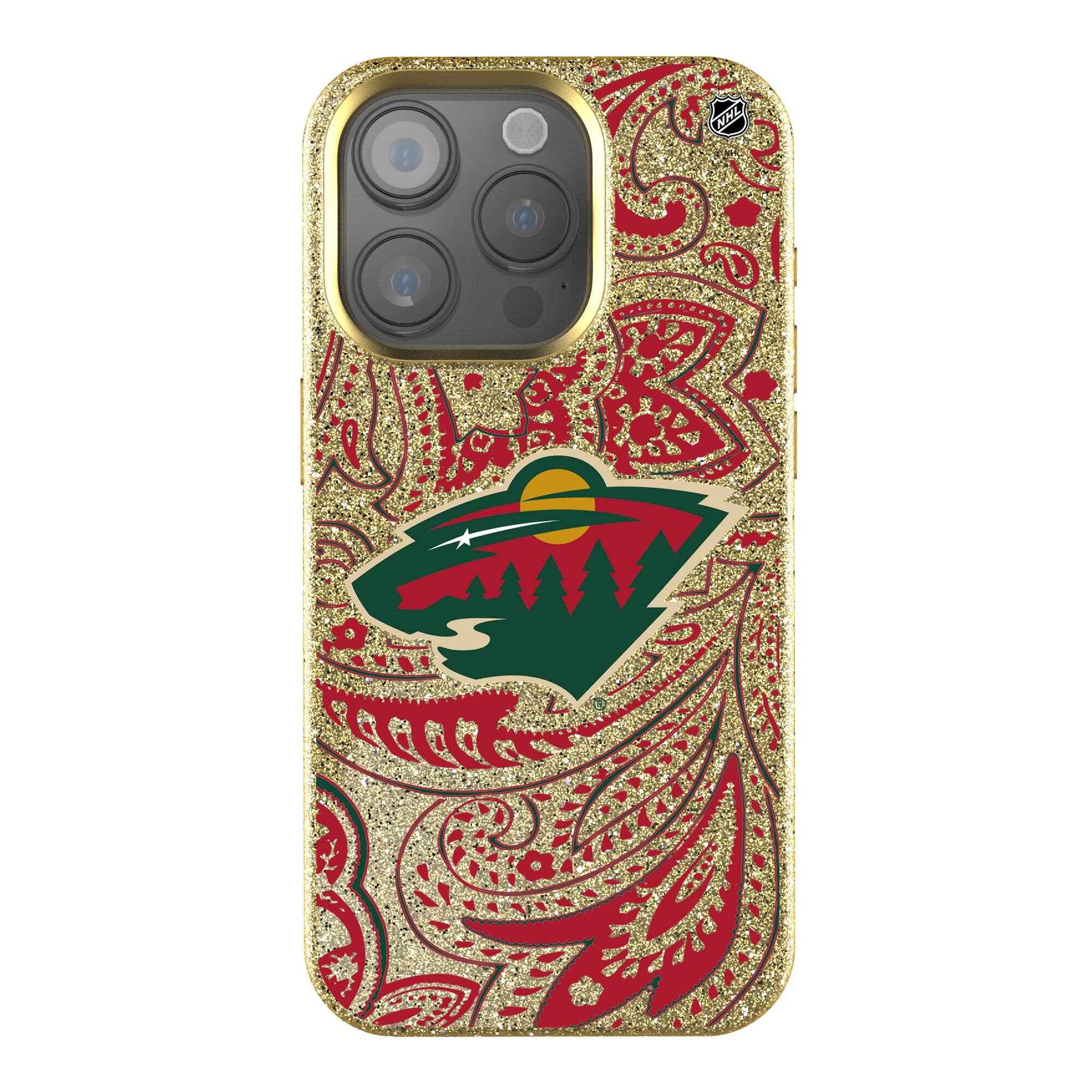Front. Keyscaper - Gold Minnesota Wild Paisley Bling iPhone Case - 15 Pro - Gold.