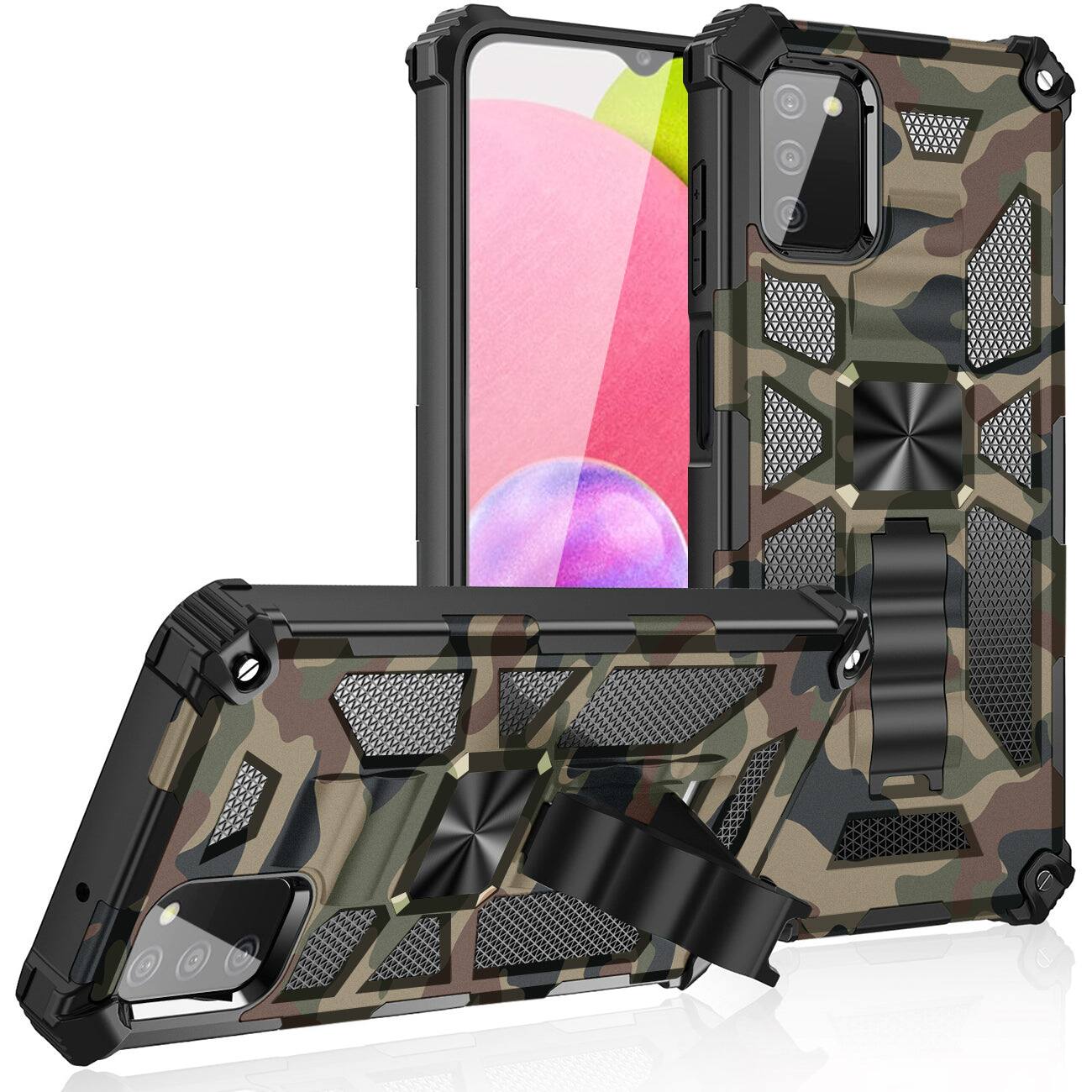 Front. Reiko - Built-In Kickstand Tpu Case With Magnetic Mount For Samsung Galaxy A02S In Camouflage - Multicolor.