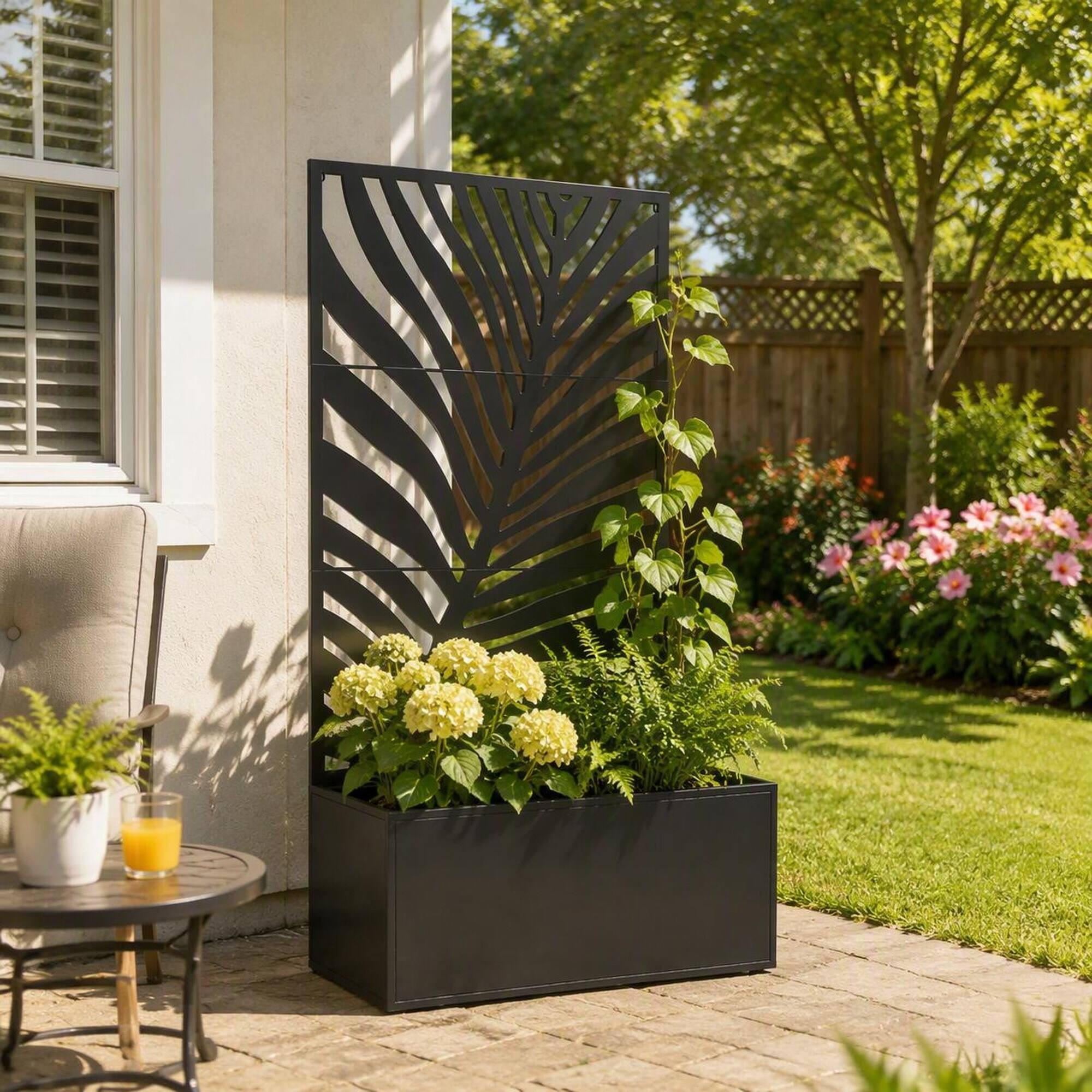 Alt View 2. RYHNUYNE - Outdoor Raised Garden Bed with Leaf Privacy Screen and Tall Trellis, 32-Gallon Metal Planter Box for Patio - Black.