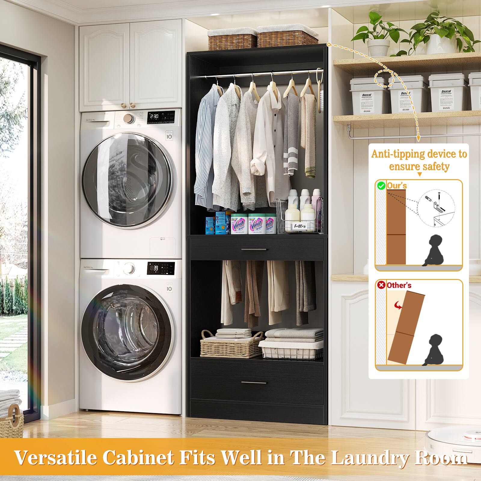 Anti-tipping device to ensure safety  
Our's  
Other's  

Versatile Cabinet Fits Well in The Laundry Room