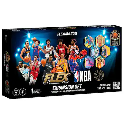 FLEX NBA EXPANSION SET
FLEXNBA.COM
DOWNLOAD THE APP HERE
Players Ages 6+
2 Players
1 FLEXAGON TILE
3 FX GAME PIECES PER PACK
SEQUOIA GAMES