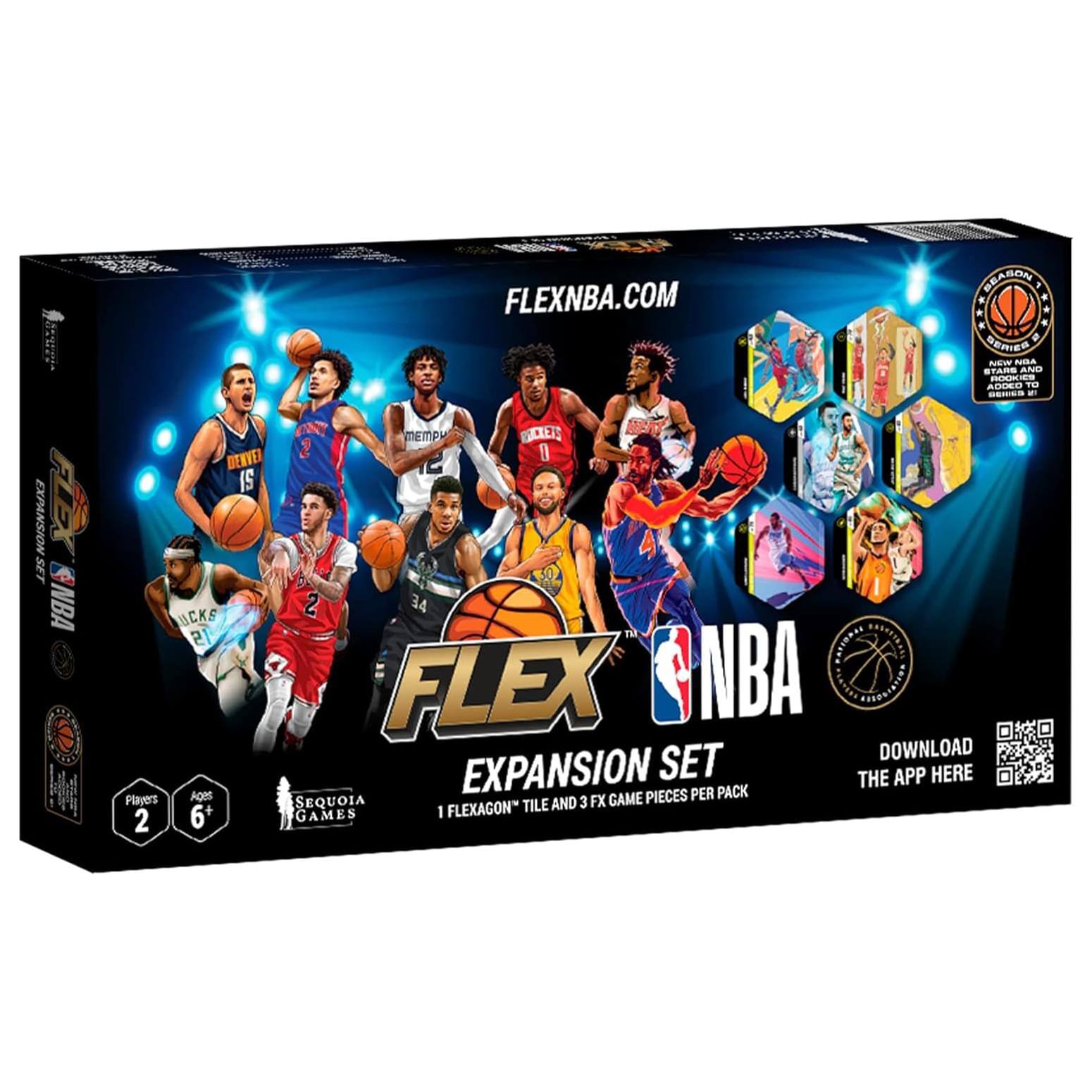 FLEX NBA EXPANSION SET  
FLEXNBA.COM  

DOWNLOAD THE APP HERE  

Players Ages 6+  
2 Players  

1 FLEXAGON TILE  
3 FX GAME PIECES PER PACK  

SEQUOIA GAMES