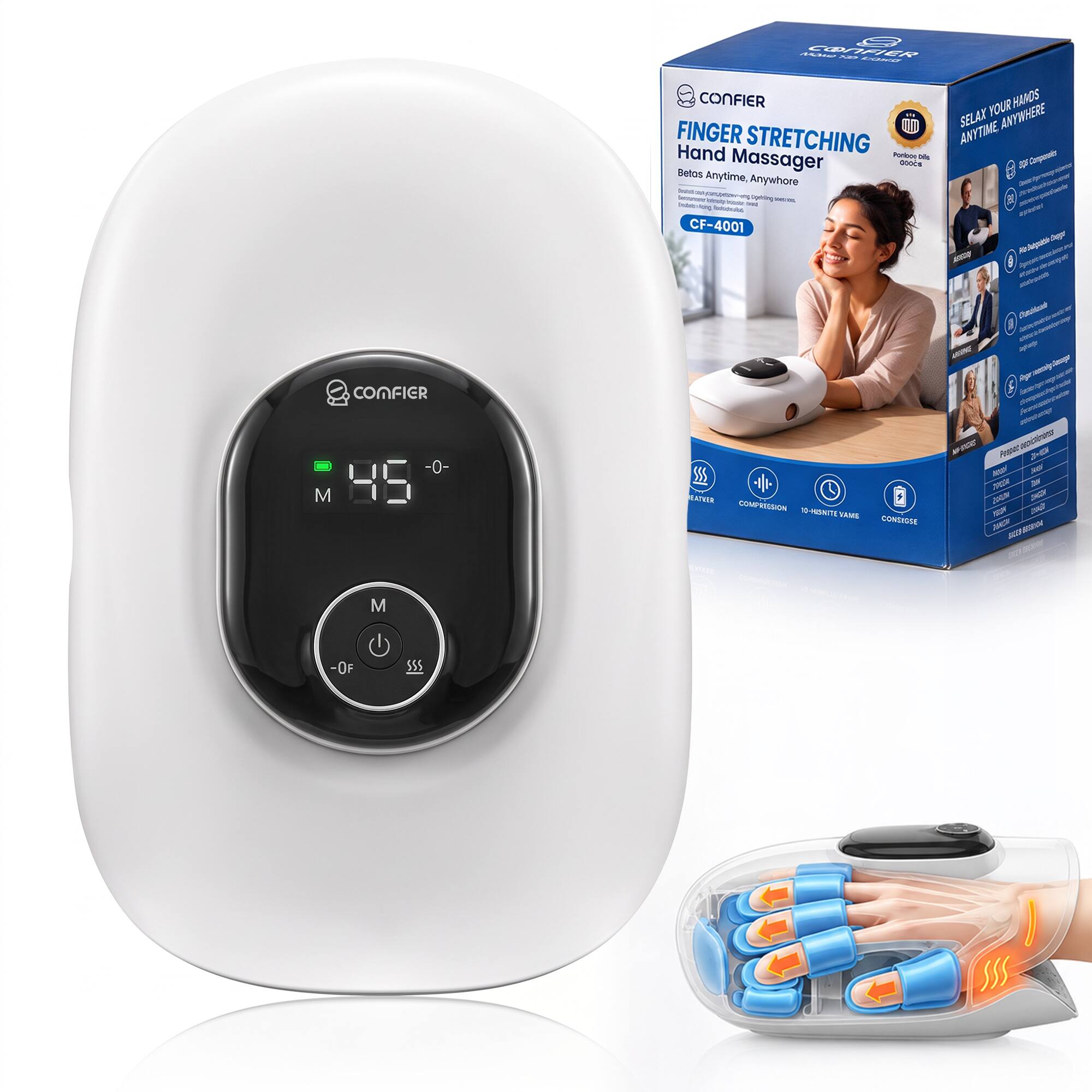 CONFIER FINGER STRETCHING Hand Massager Betas Anytime, Anywhere
CF-4001

COMFIER
Rgar
M
-0-
SSS EATNER COMPRESSION TO-PINITE VAMI VAMIE CONTROSE
B
3461  bar ISSN  AUF
M
-OF
SSS