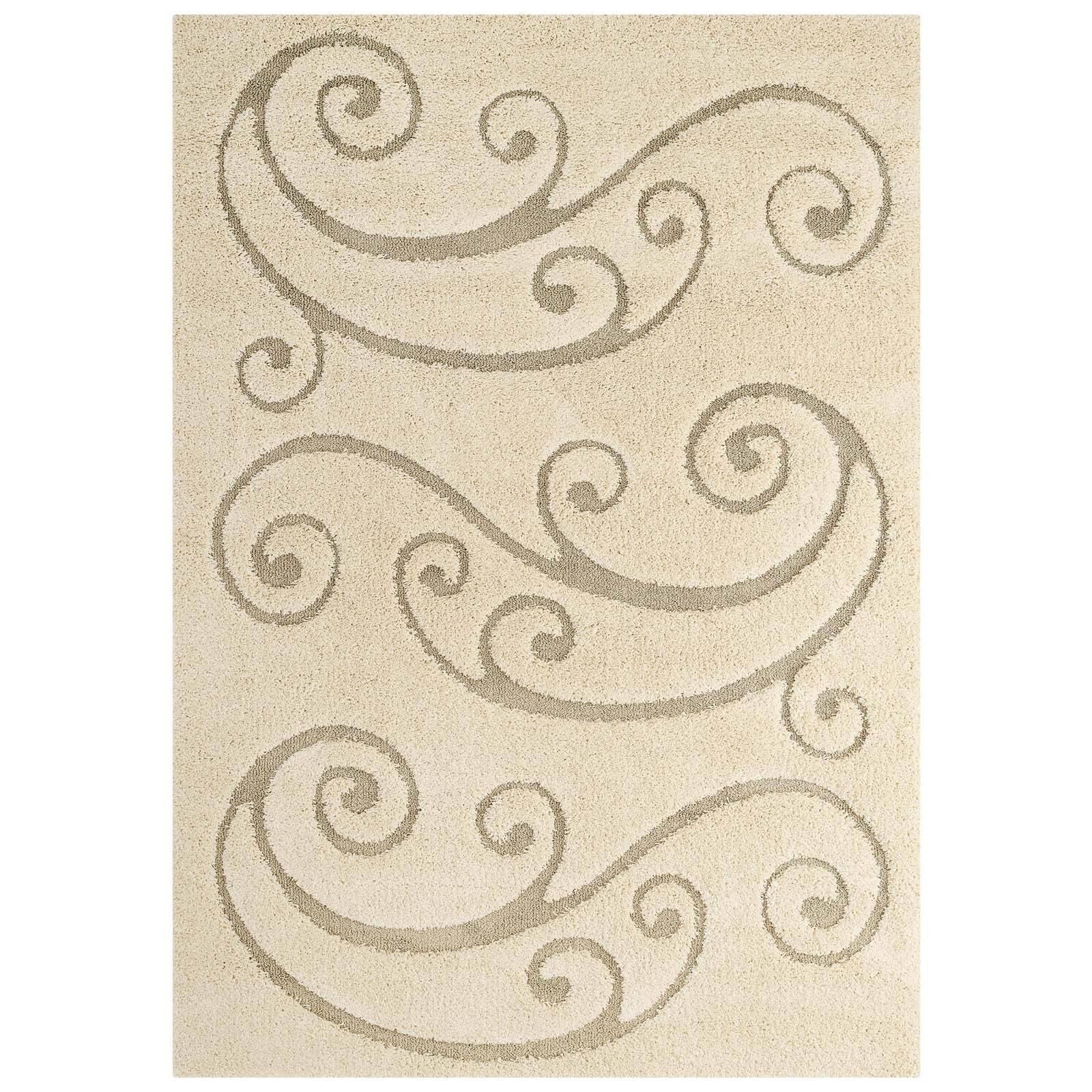 Angle. Modway - Jubilant Sprout Scrolling Vine Shag Area Rug - Creame and Beige.