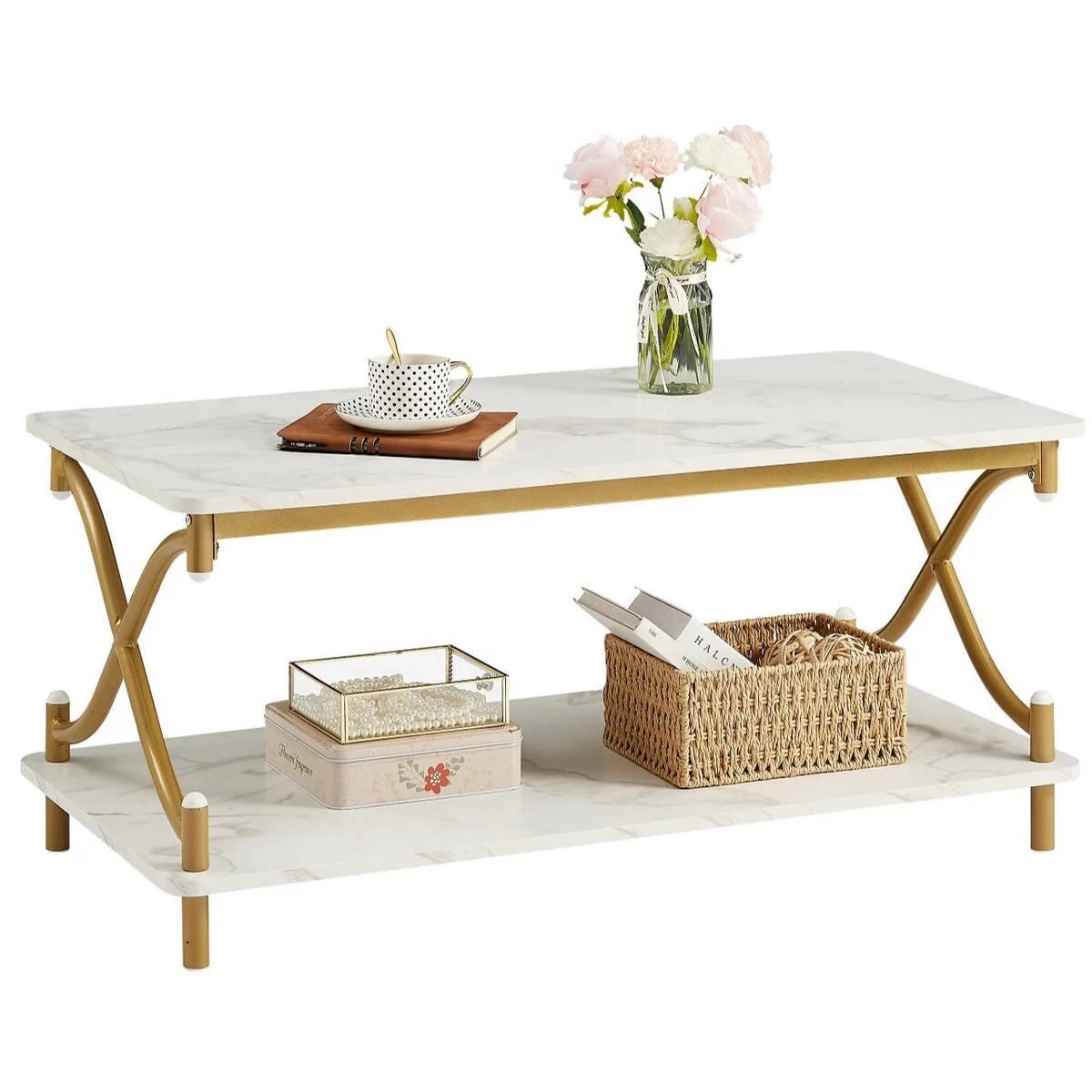 Front. Hivvago - White Faux Marble Coffee Table with Gold Metal Frame and Bottom Storage Shelf - Gold.