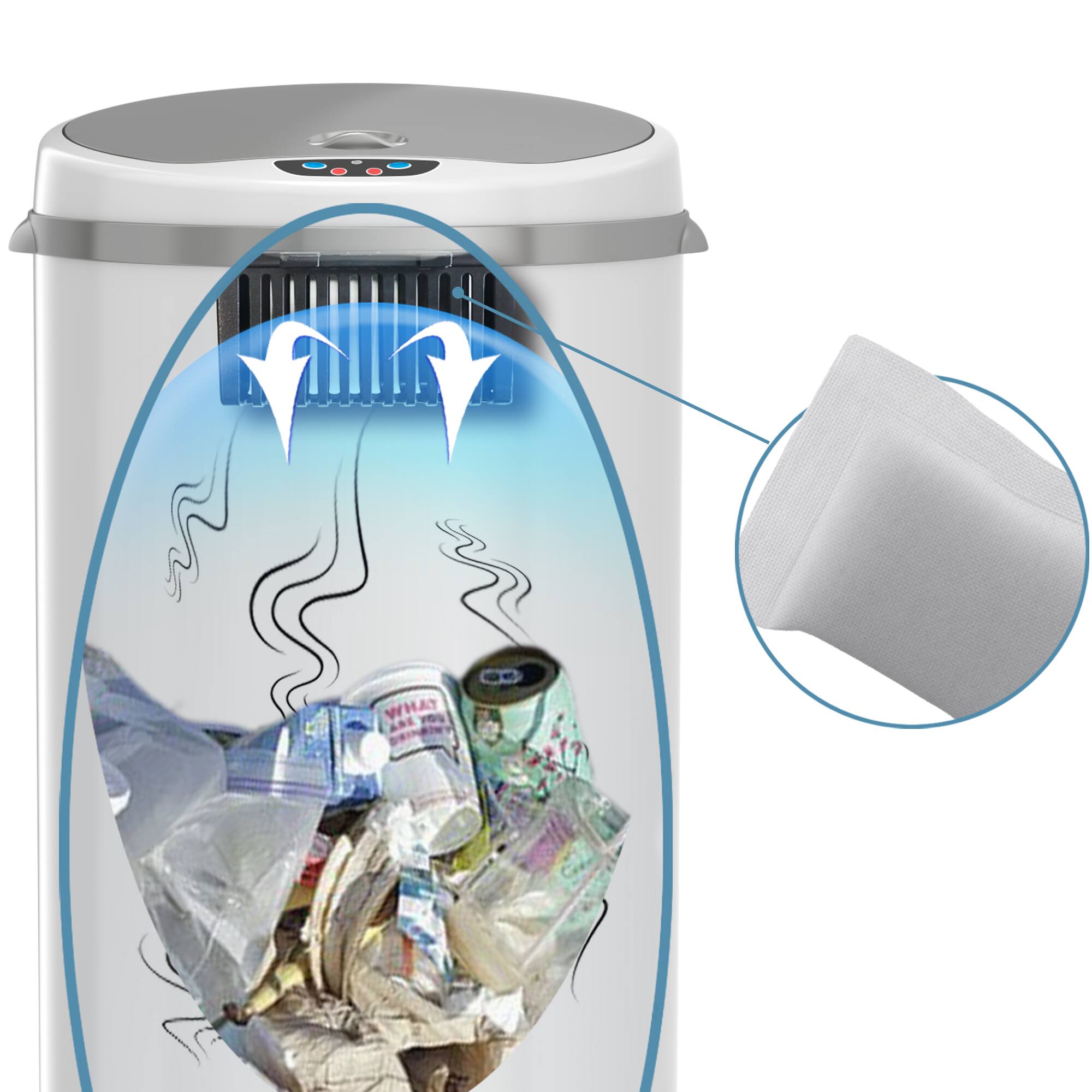 Alt View 12. iTouchless - 8 Gallon Touchless Sensor Trash Can with AbsorbX Odor Control System, White Stainless Steel Round Shape Kitchen Bin - Pearl White.