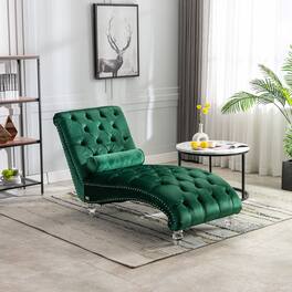 Trinkets Crazed - Velvet Indoor Chaise Lounge Chair with Toss Pillow, Upholstered Modern Tufted Button Lounge Chair with Acrylic Legs - Emerald