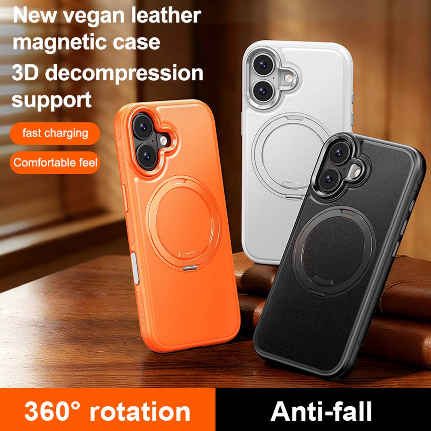 New vegan leather magnetic case  
3D decompression support  
fast charging  
Comfortable feel  
360° rotation  
Anti-fall