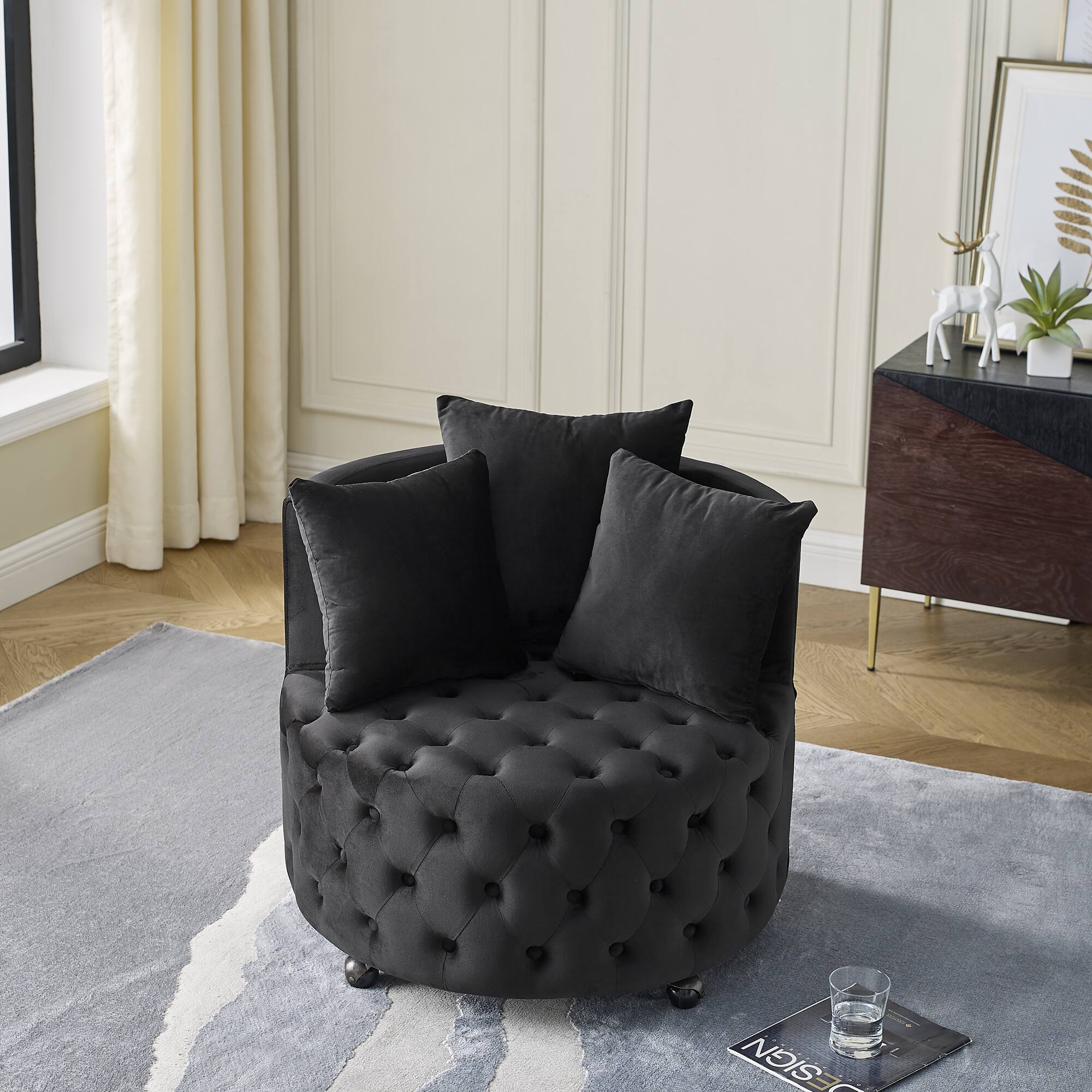 Back. Trinkets Crazed - Velvet Upholstered Swivel Chair for Living Room, with Button Tufted Design and Movable Wheels, Including 3 Pillows - Black.