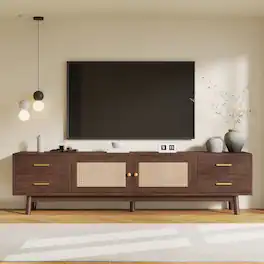 Z-Edge - Modern TV Stand with Rattan Doors for TVs up to 80", Media Console with 4 Drawers, Entertainment Center for Living Room - Walnut