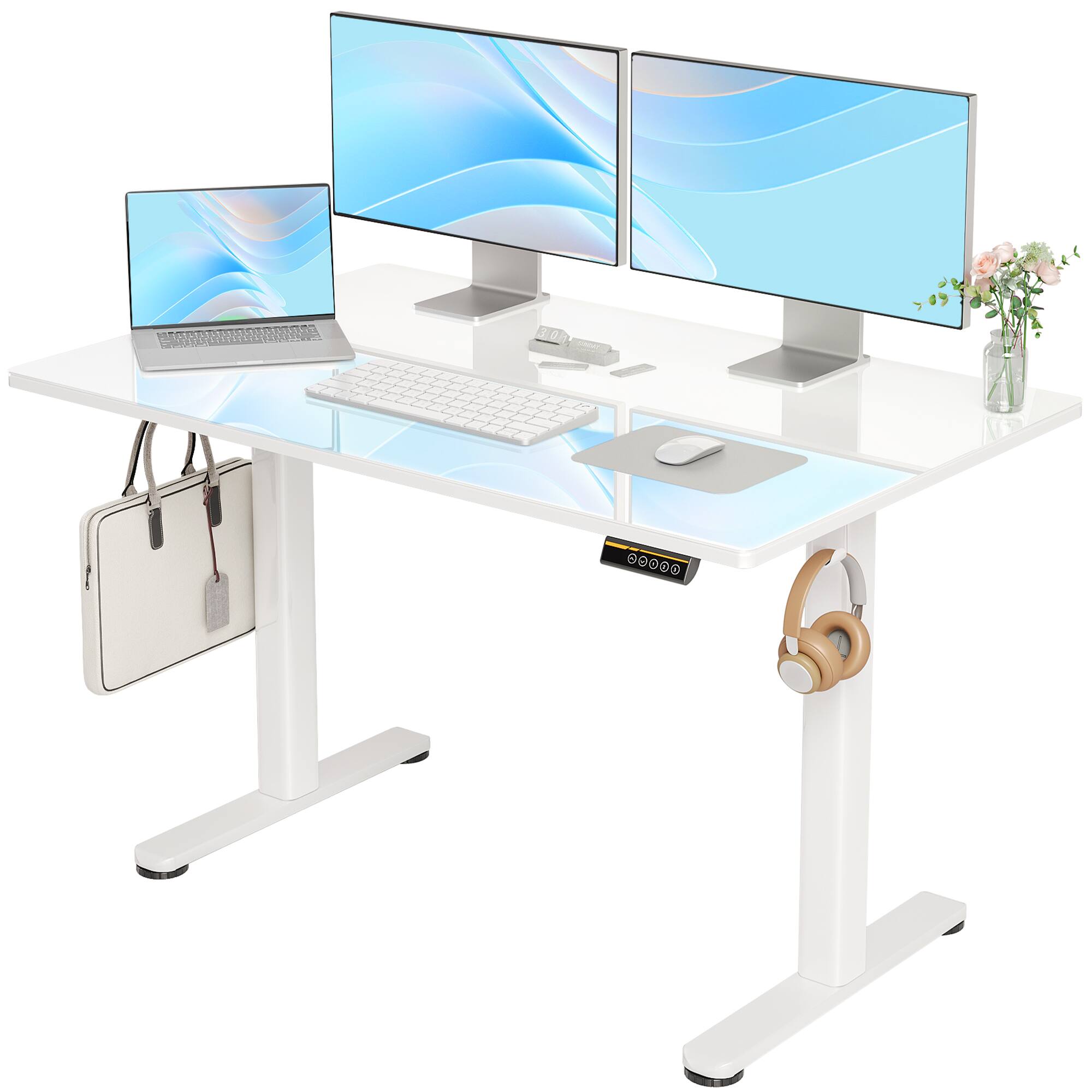 Front. APRILSOUL - 48 Inch Electric White Glass Standing Desk Adjustable Height Quick Install Home Office Computer Desk Stand Up Desk - White.