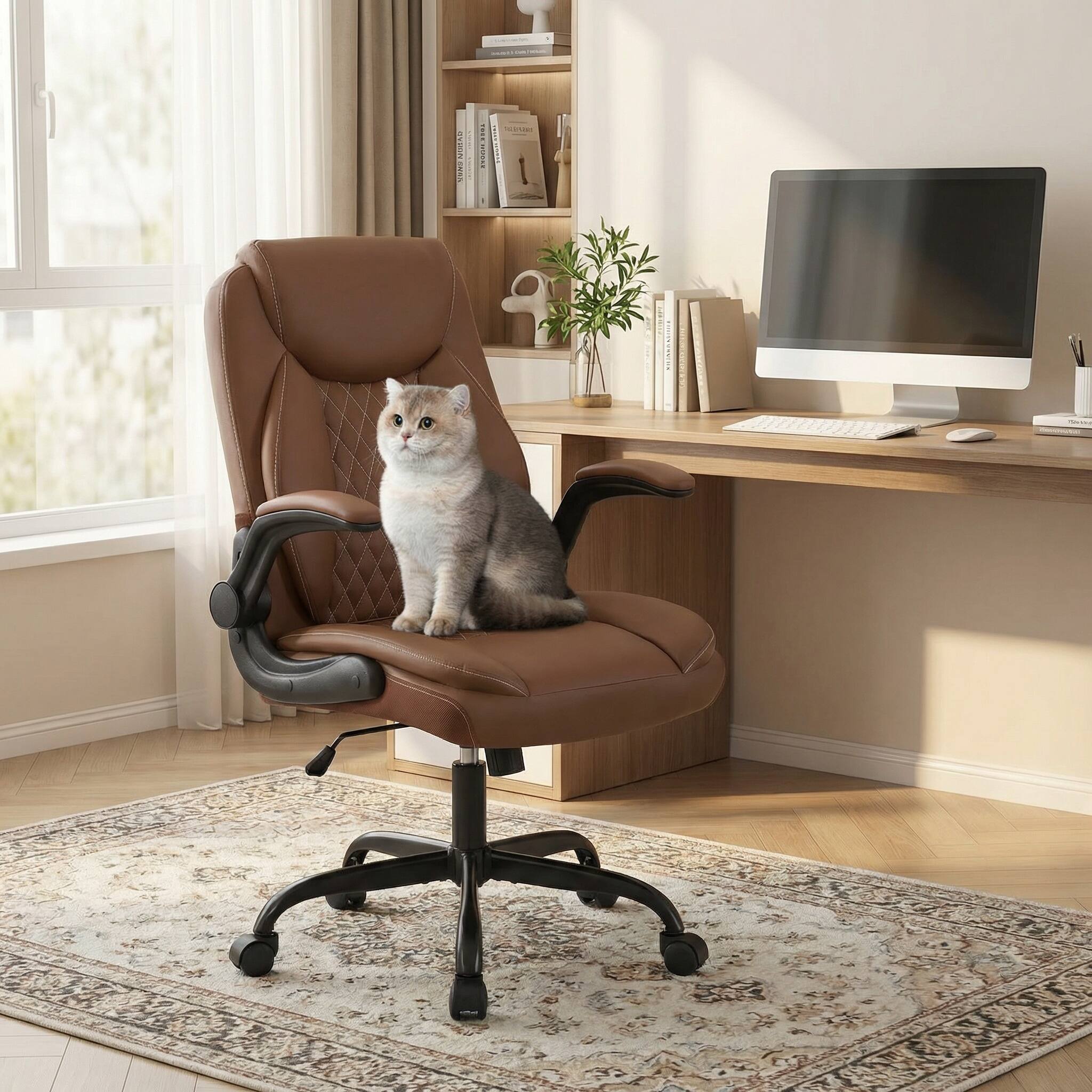 Back. Forest'nSky - Ergonomic Leather Executive Office Chair - Adjustable Swivel Desk Chair with Flip-Up Armrests & Wheels,Brown - Brown.