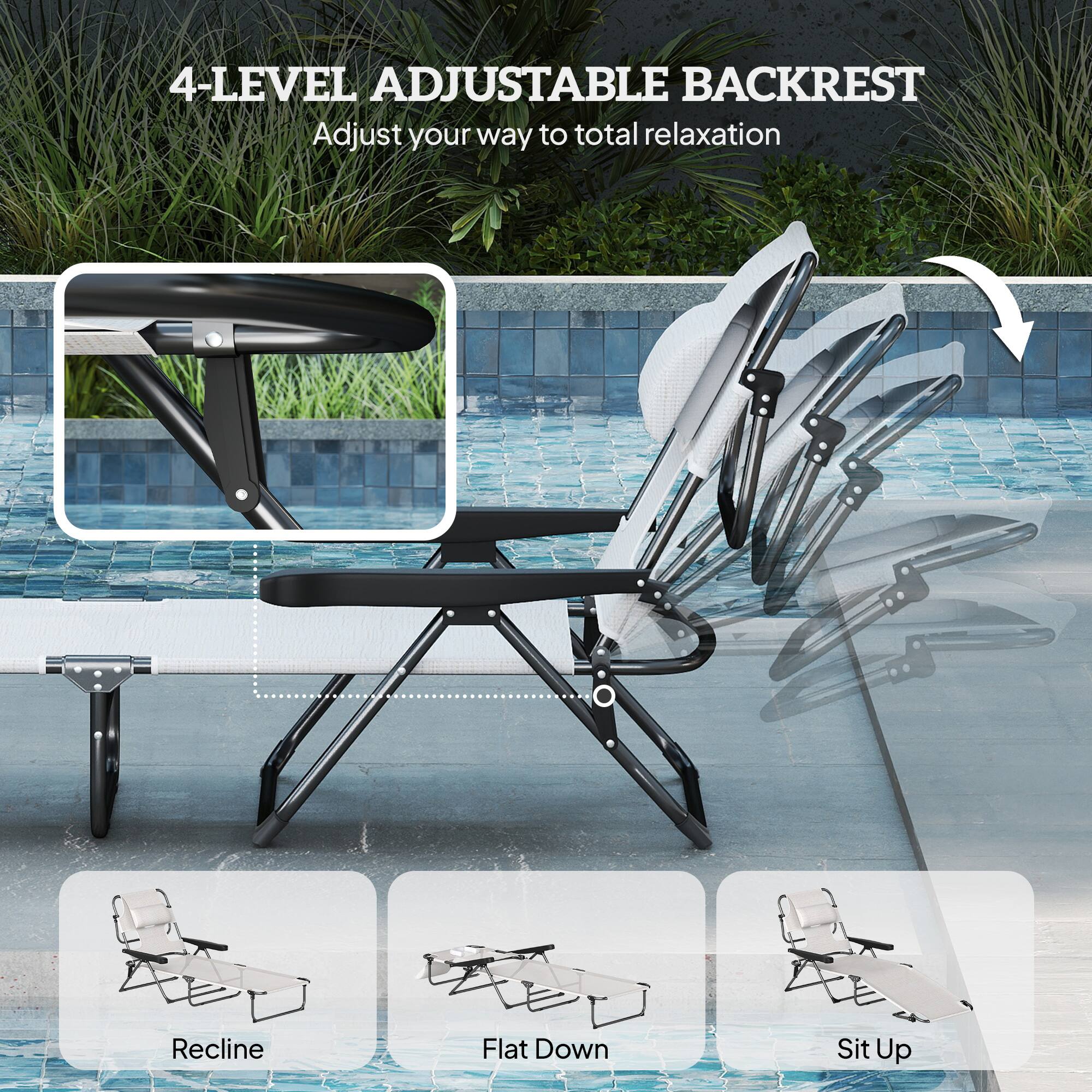 4-LEVEL ADJUSTABLE BACKREST

Adjust your way to total relaxation

Recline
Flat Down
Sit Up