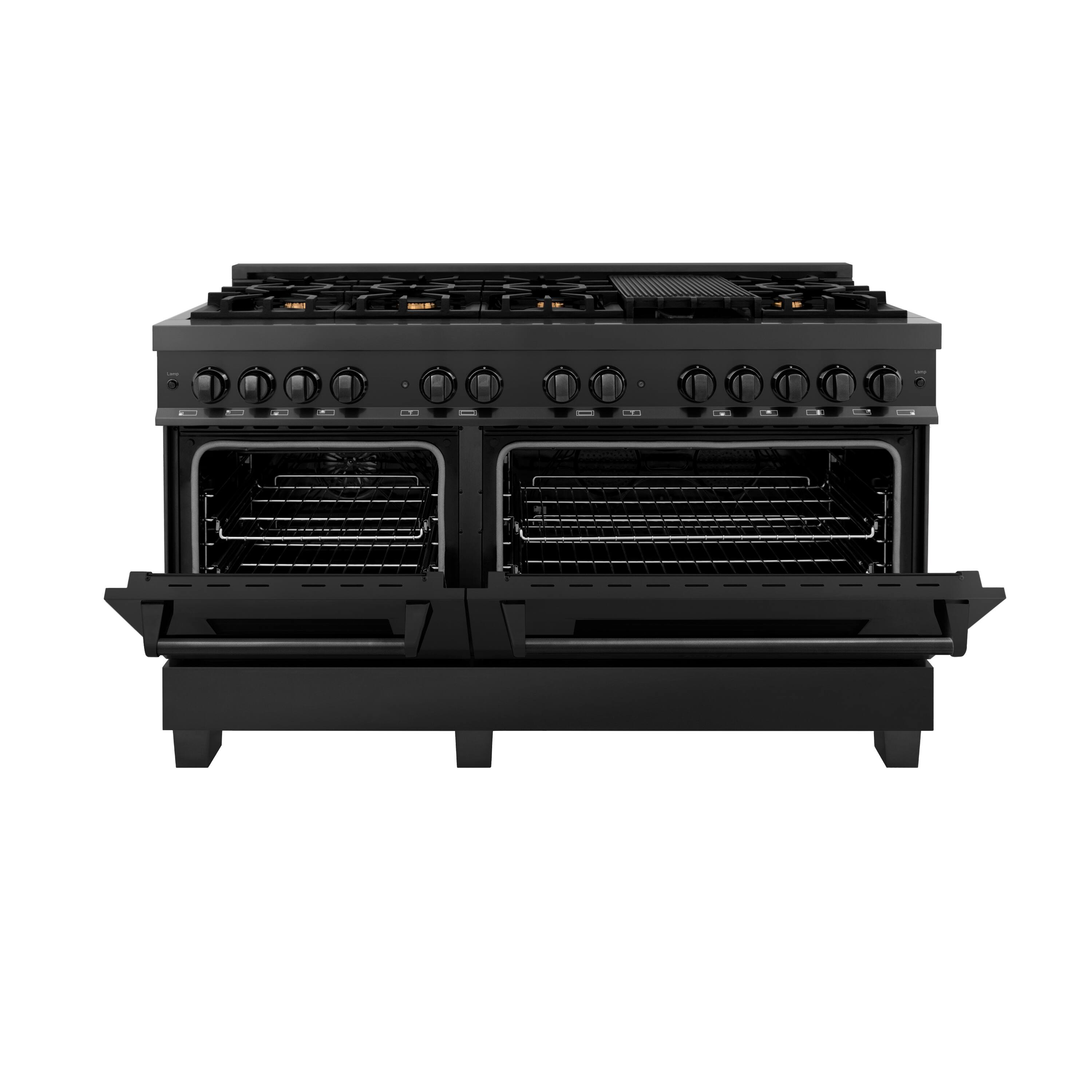Angle. ZLINE - 60" Legacy Dual Fuel Range with 9 Burners and 2 Electric Ovens (RAB-60) - Black Stainless Steel.