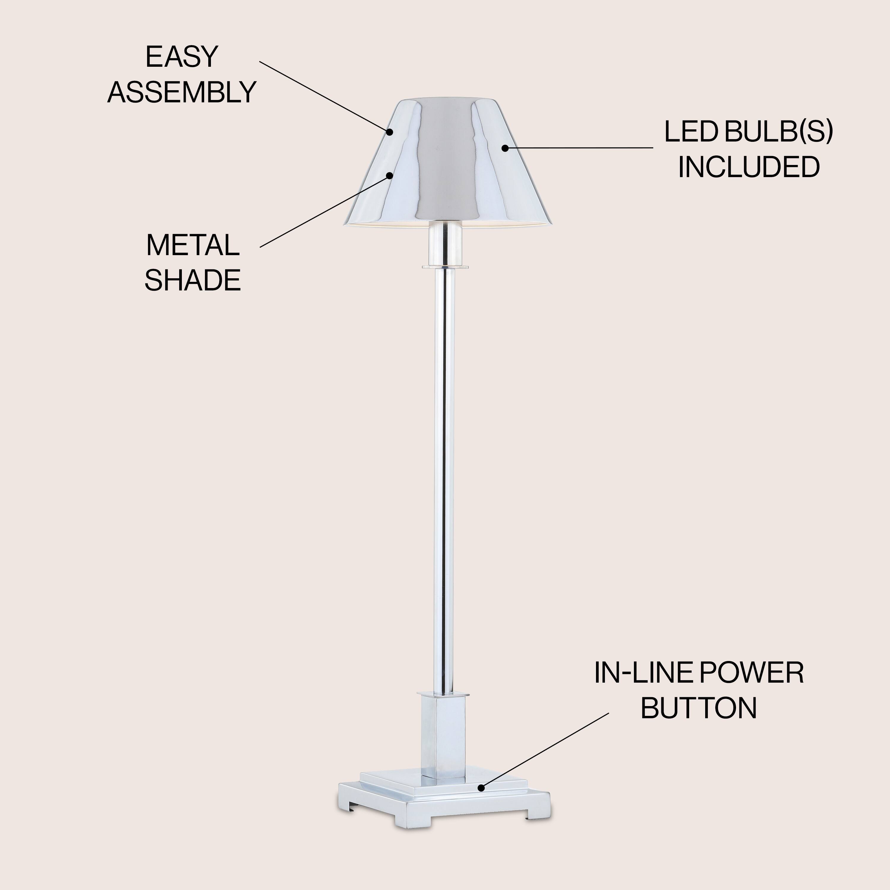 - EASY ASSEMBLY
- METAL SHADE
- LED BULB(S) INCLUDED
- IN-LINE POWER BUTTON