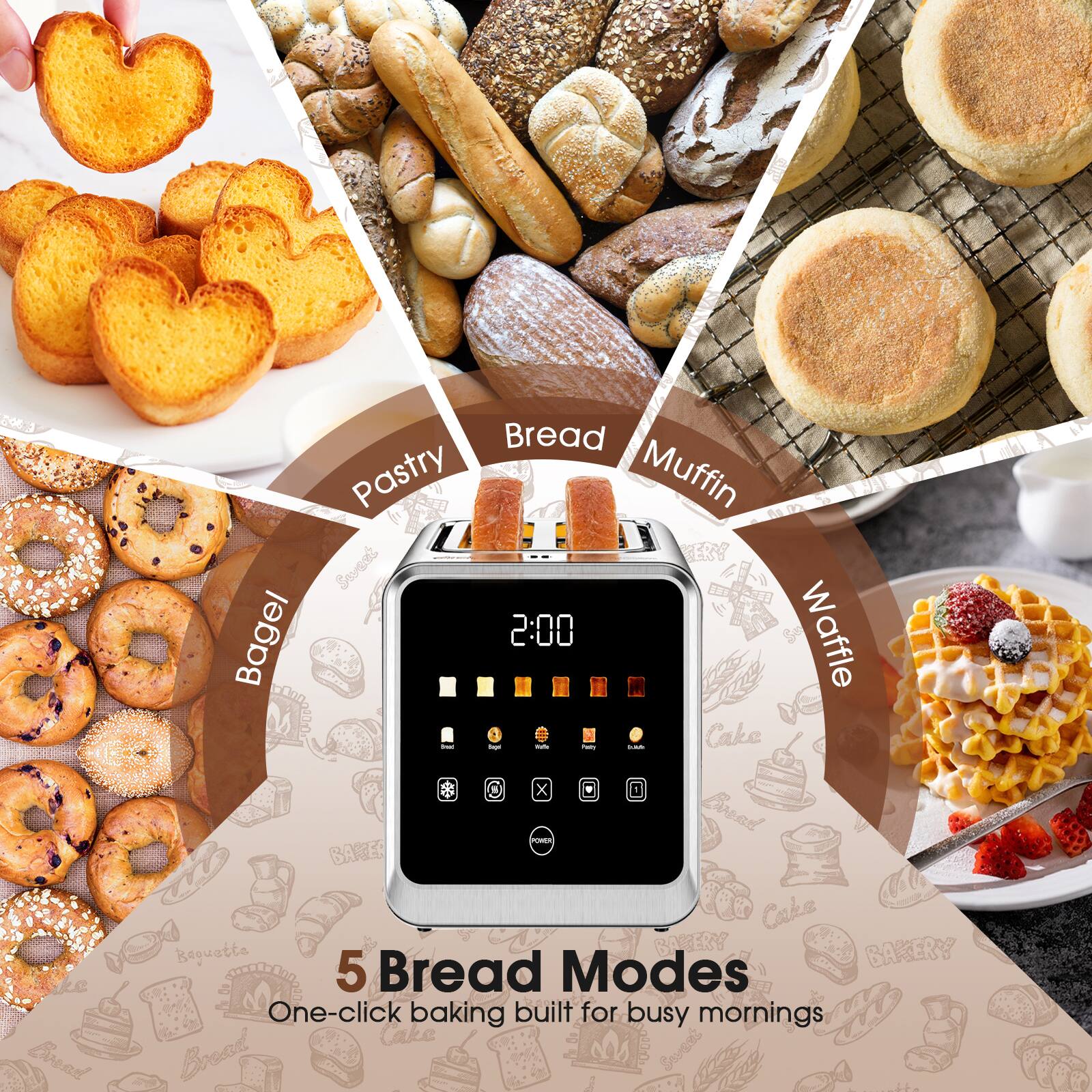 CO83 Bread Pastry Muffin Bagel 2:00 Waffle Cake Bread Modes One-click baking built for busy mornings