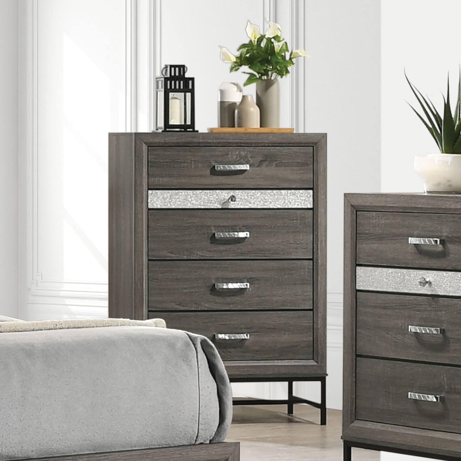 Front. TinyHomie - Contemporary Style 4-Drawers Chest 1pc Metal Legs Acrylic Accent Drawer Handles Gray Finish Bedroom Furniture - Gray.