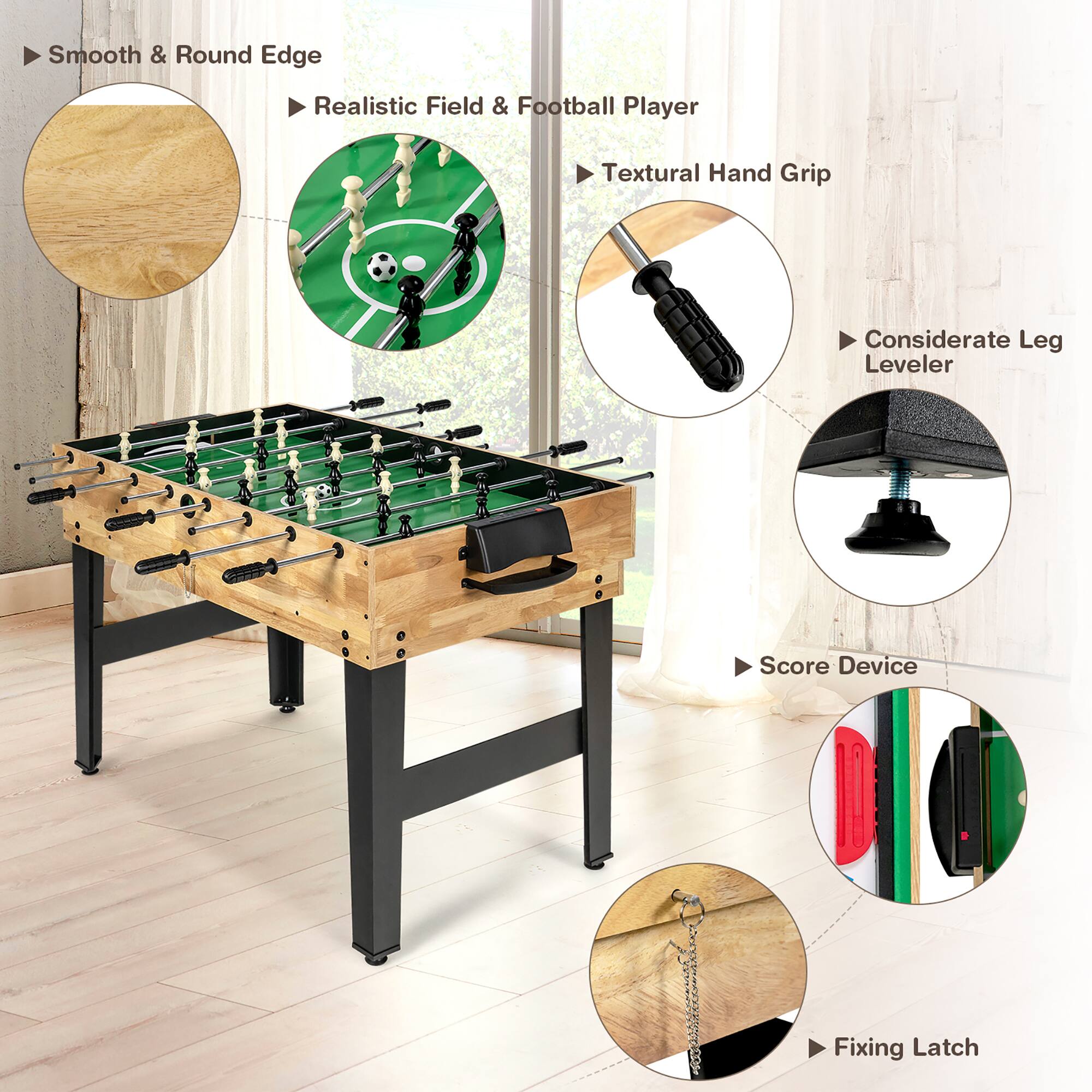 The text on the image is grouped and corrected as follows:

1. Smooth & Round Edge: This feature provides a comfortable edge for players to grip while playing.
2. Realistic Field & Football Player: The table is designed to resemble a soccer field, and the football player is a part of the table's design.
3. Textural Hand Grip: The table has a textured surface that allows players to grip it better.
4. Considerate Leg Leveler: This feature ensures that the table is stable and level, providing a better playing experience.
5. Score Device: The table has a built-in score device, making it easy to keep track of the game.
6. Fixing Latch: The table has a latch that helps keep the table in place when it's not in use.