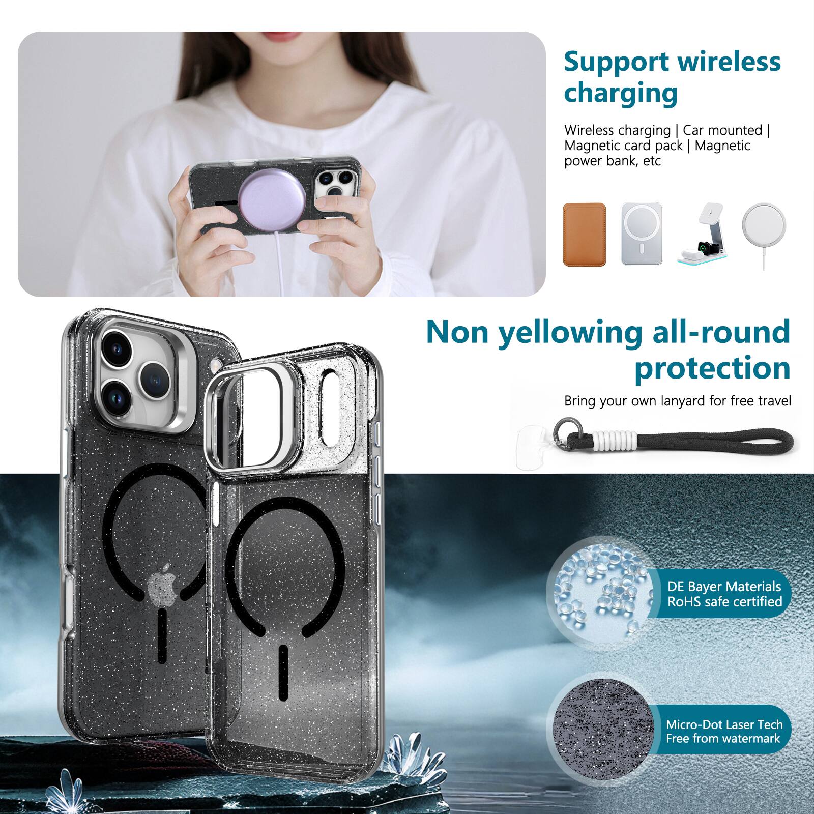 Support wireless charging  
Wireless charging | Car mounted | Magnetic card pack | Magnetic power bank, etc  

Non yellowing all-round protection  
Bring your own lanyard for free travel  

DE Bayer Materials RoHS safe certified  
Micro-Dot Laser Tech Free from watermark