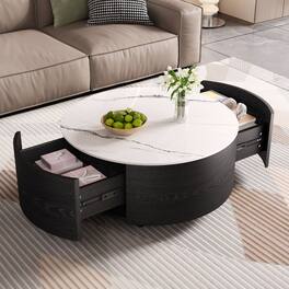 GOODSILO - Modern Round Mobile Coffee Table with Two Drawers and Marble-Pattern Top - Black