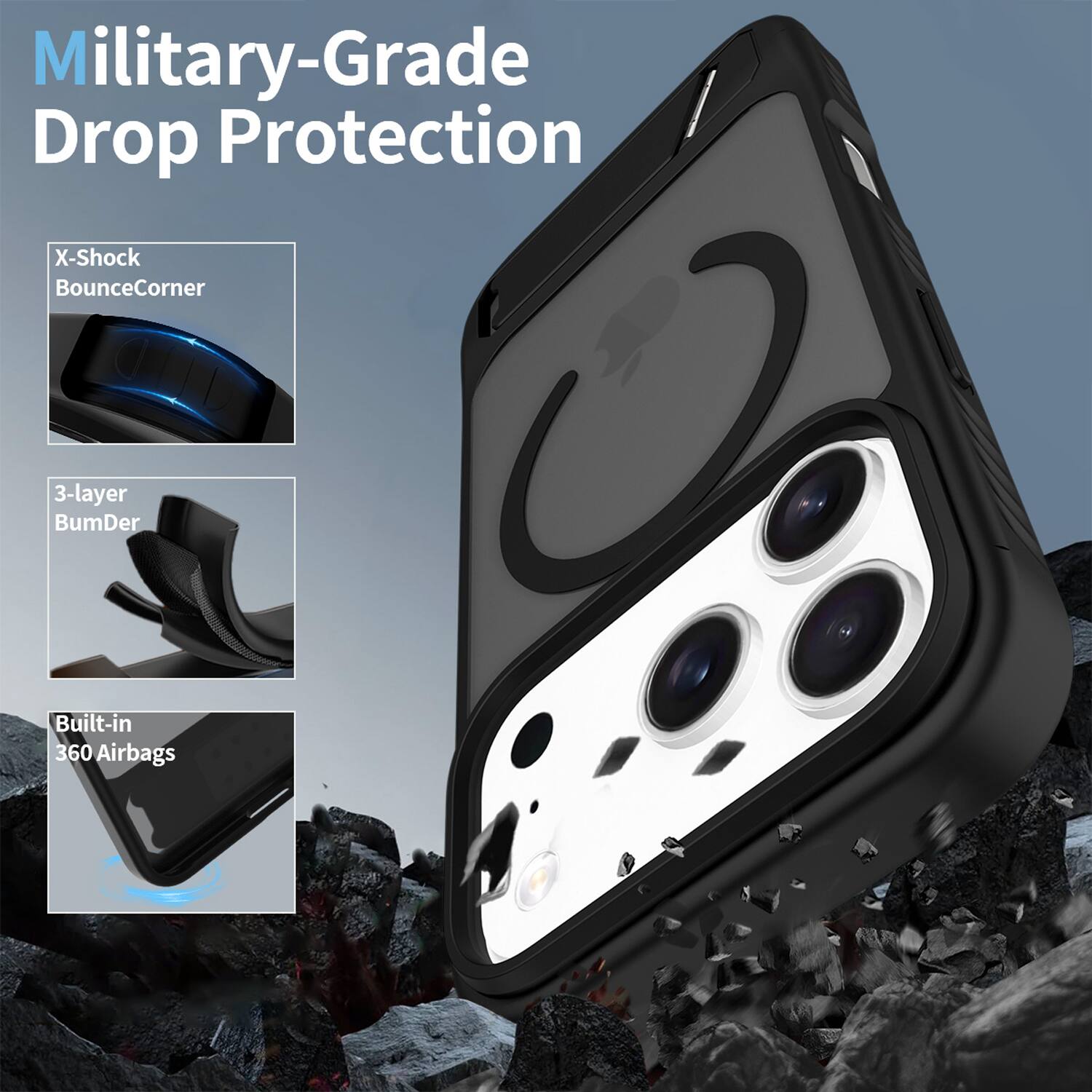 Military-Grade Drop Protection  
X-Shock BounceCorner  
3-layer BumDer  
Built-in 360 Airbags