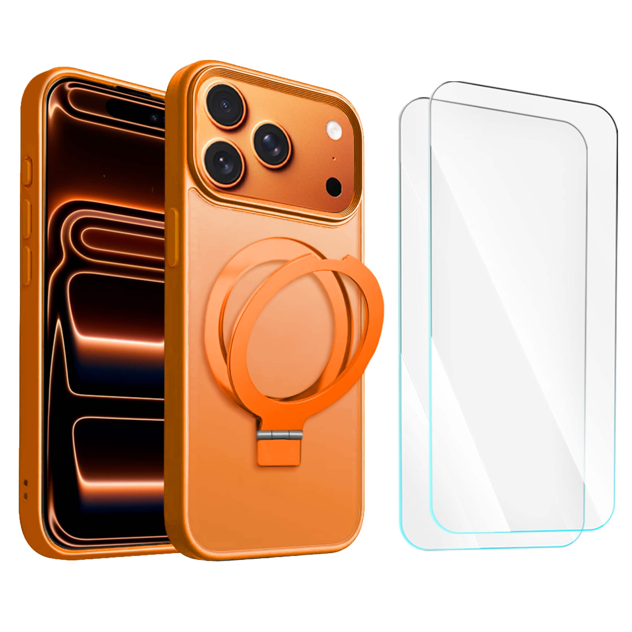 Entronix - Bundle for iPhone 17 Pro Max - [Magnetic] Translucent Matte Gripstand Case & 2x Screen Protectors - Orange