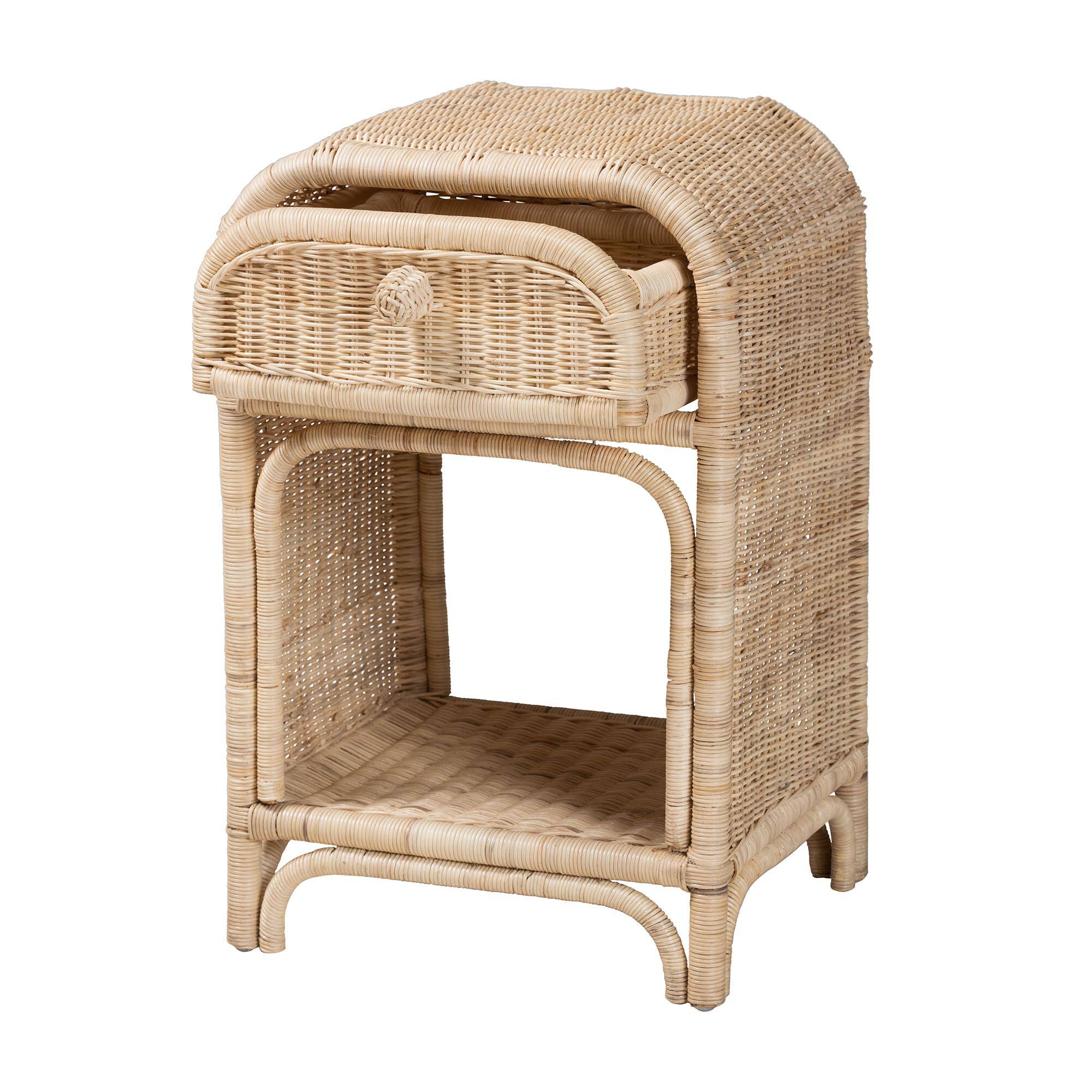 Angle. bali & pari - Magni Modern Bohemian Rattan 1-Drawer Nightstand - Natural Brown.